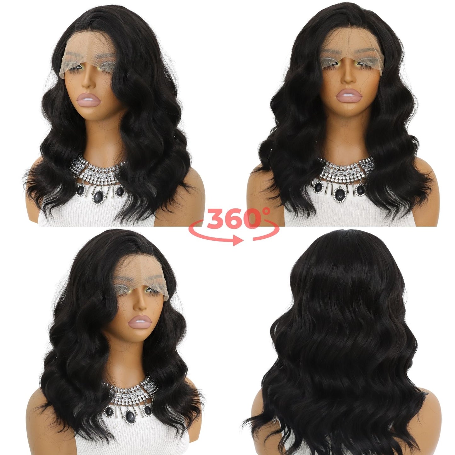 Black Short Wavy Synthetic Lace Front Wig Bob Style 13x4 for Party Everyday Use 14 Inch