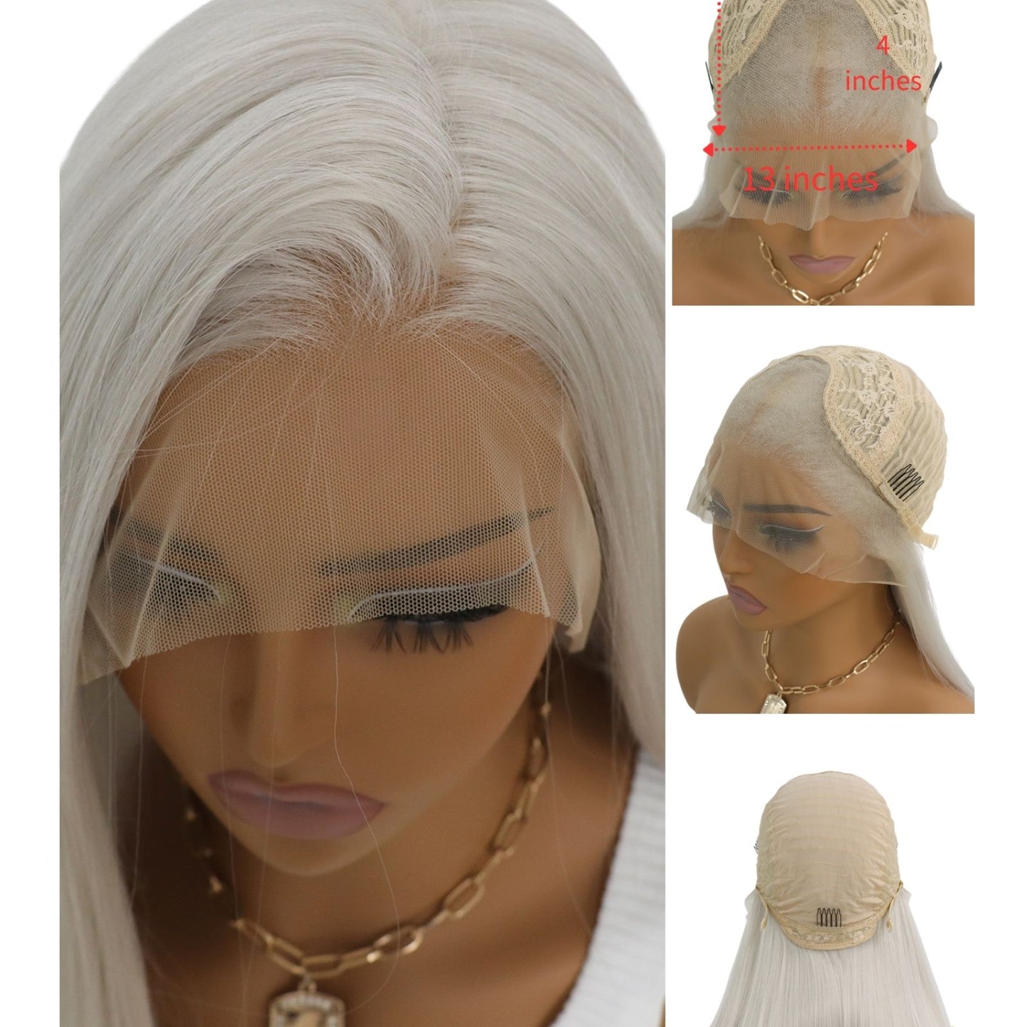 Gray White Straight Synthetic Lace Front Wig 13x4 for Daily Party Use 28 Inches