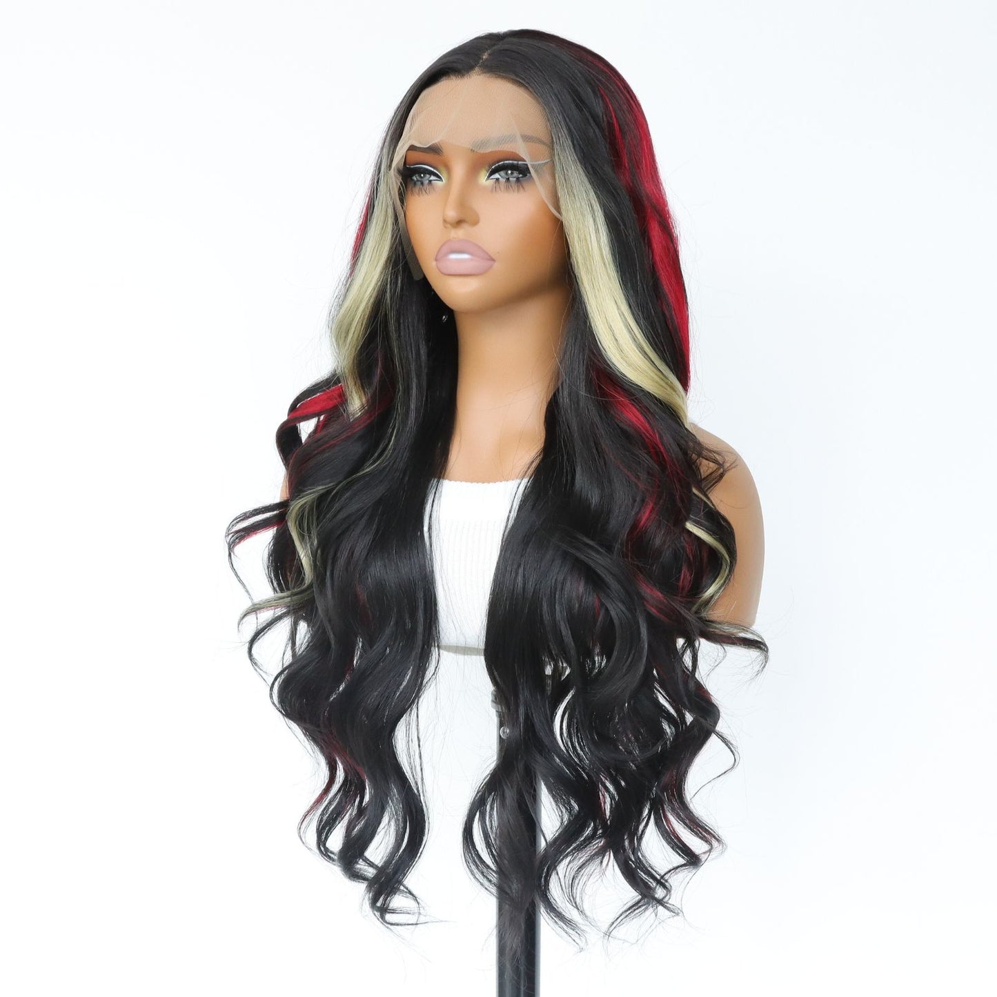 Highlight Blonde Red Black Skunk Stripe Body Wave Ombre Synthetic Lace Front Wig 13X4 Party  Daily Use 24 Inches