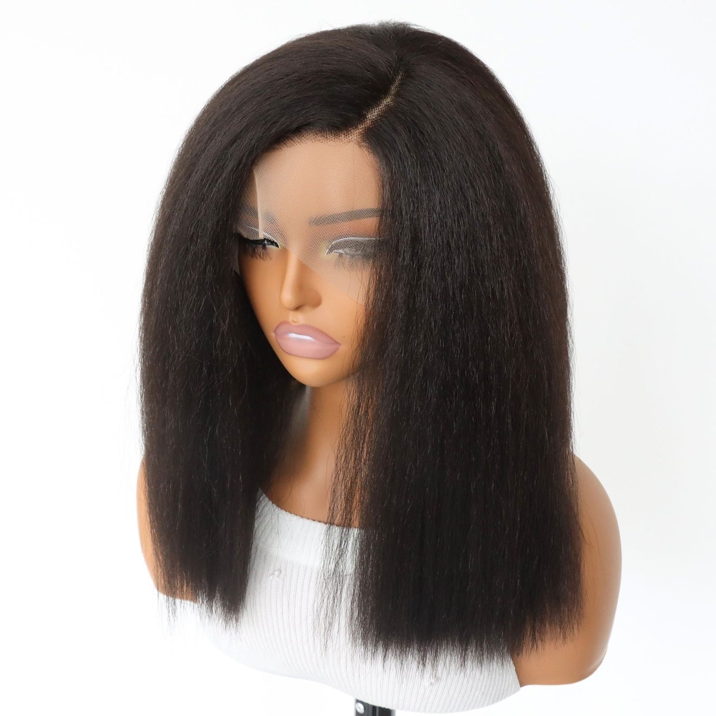 14 Inch Short Yaki Kinky Straight Lace Front Wig Dark Brown Heat-Resistant Synthetic Fiber HD Transparent Lace with 5" Deep Side Part