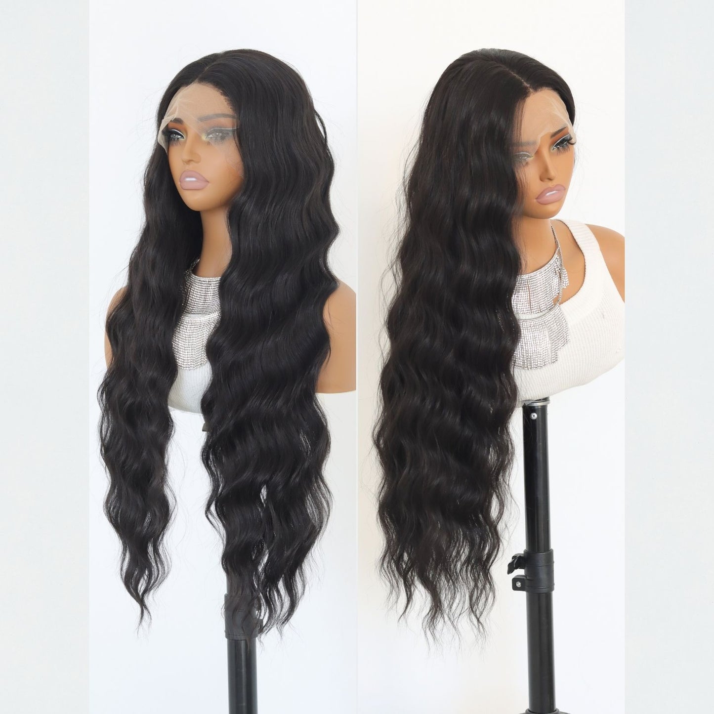 Natural Black Long Water Wave Synthetic Lace Front Wig13x4 for Party Daily Use 32 Inch