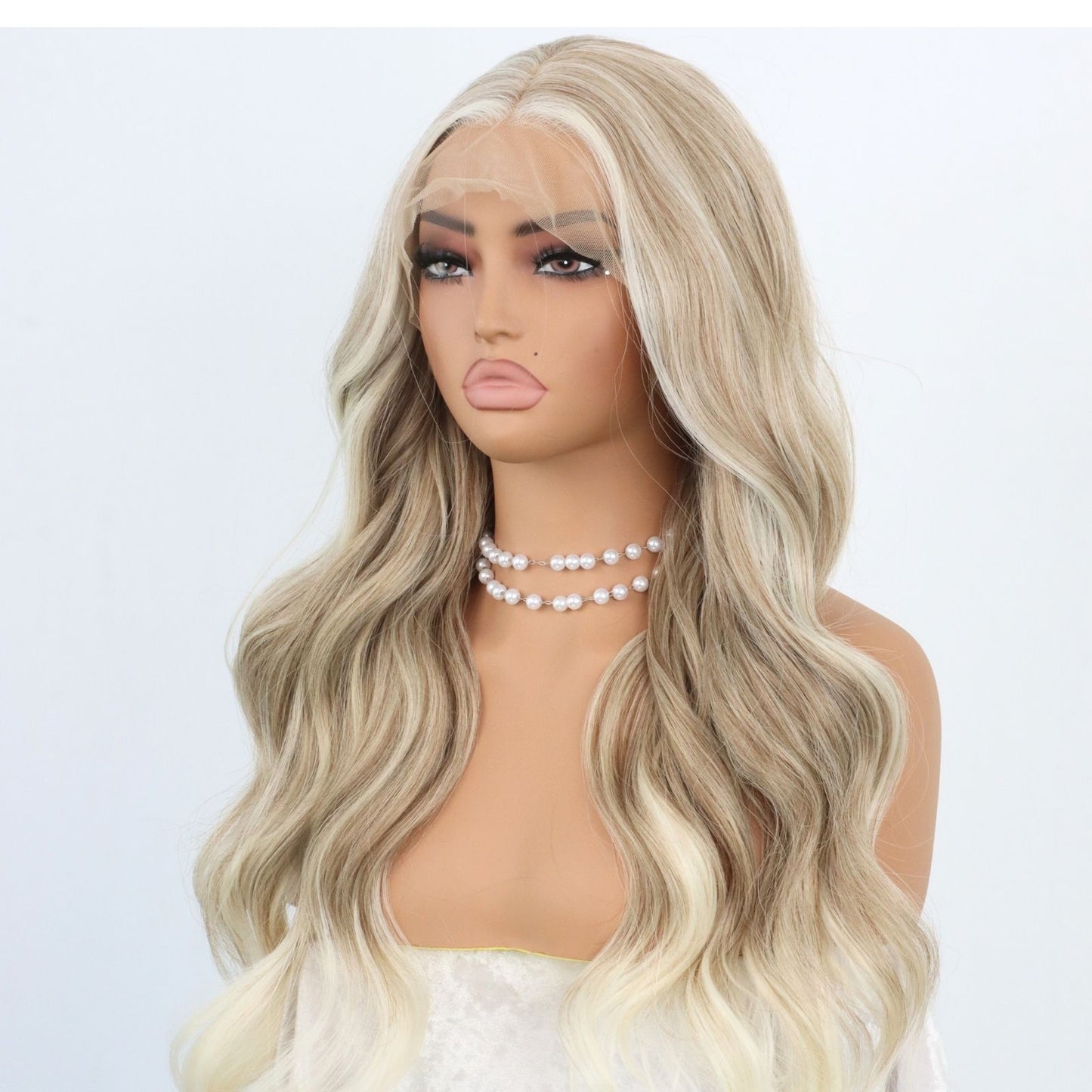 24 Inch Blonde Ombre Highlight Beige Brown Wavy Lace Front Wig 13x4 Free Part Heat Resistant Synthetic Hair, Natural Look