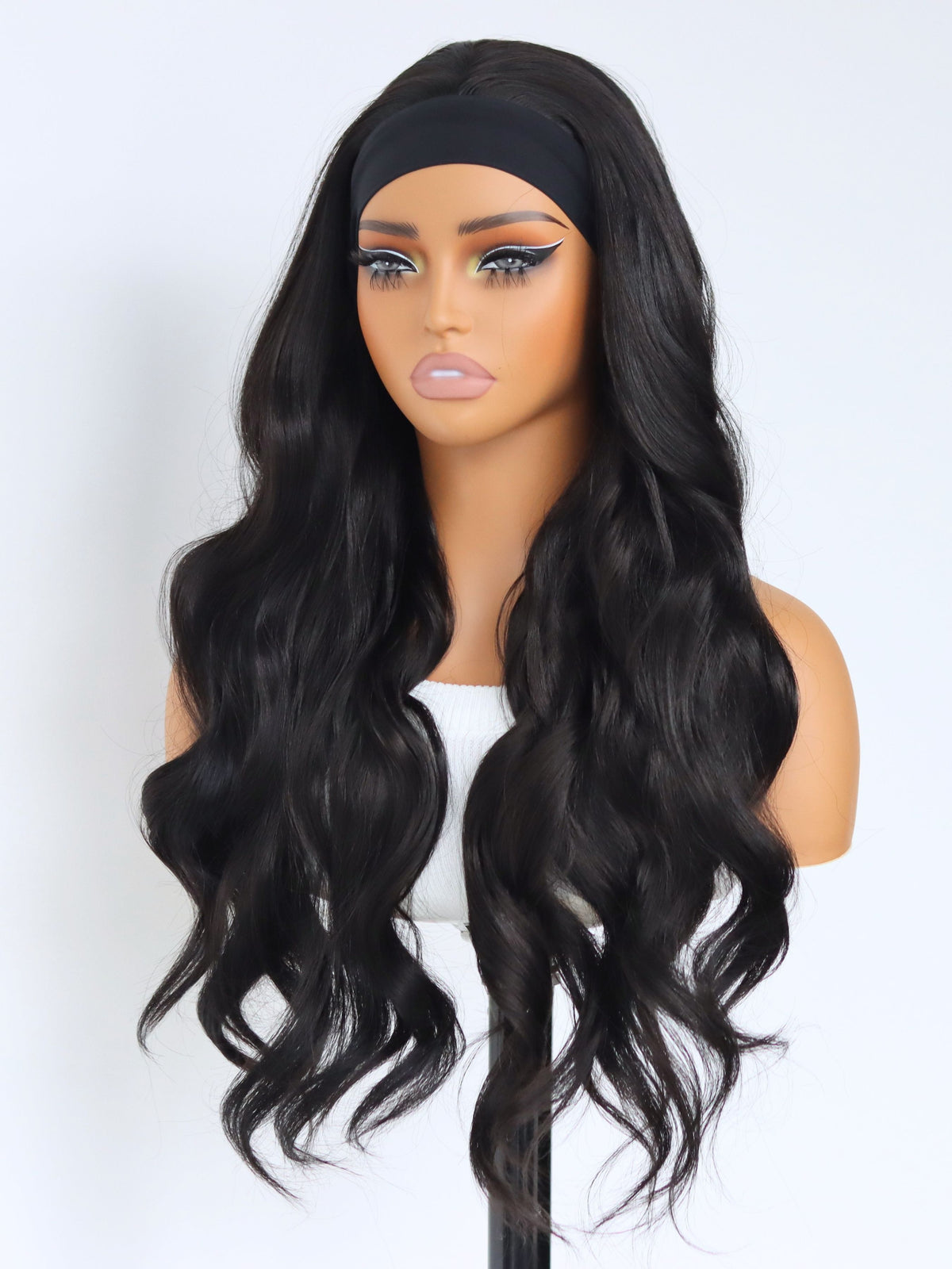 Black Body Wave Headband Wig 24 Inch Heat-Friendly Synthetic Hair Glueless Easy Wear & Go Style for Beginners