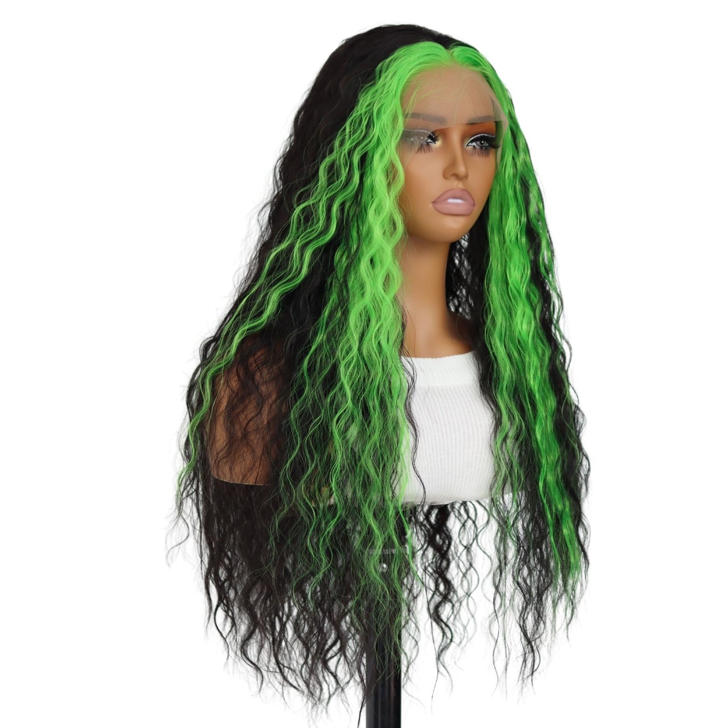 Highlight Green Black Loose Curly Synthetic Lace Front Wig13x4 for Halloween Cosplay Use 32 Inch