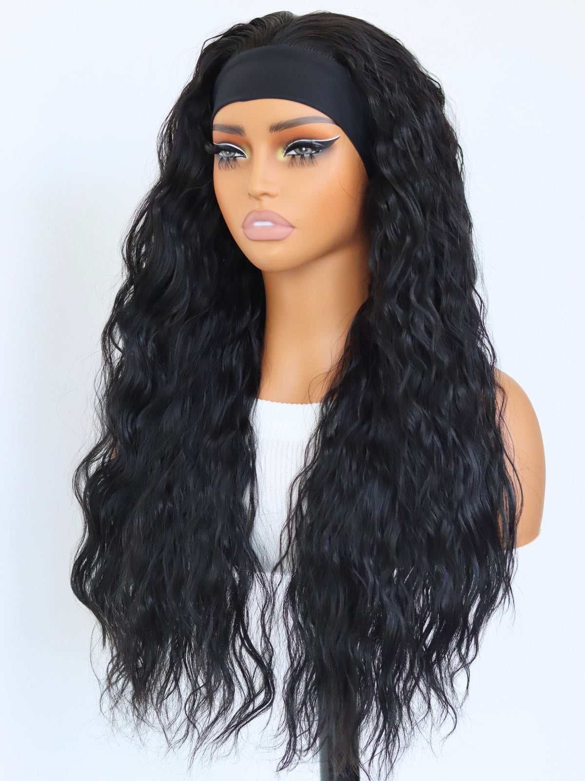 Black Deep Wave Headband Wig 22 Inch Curly Heat-Resistant Synthetic Hair Glueless Friendly for Beginner