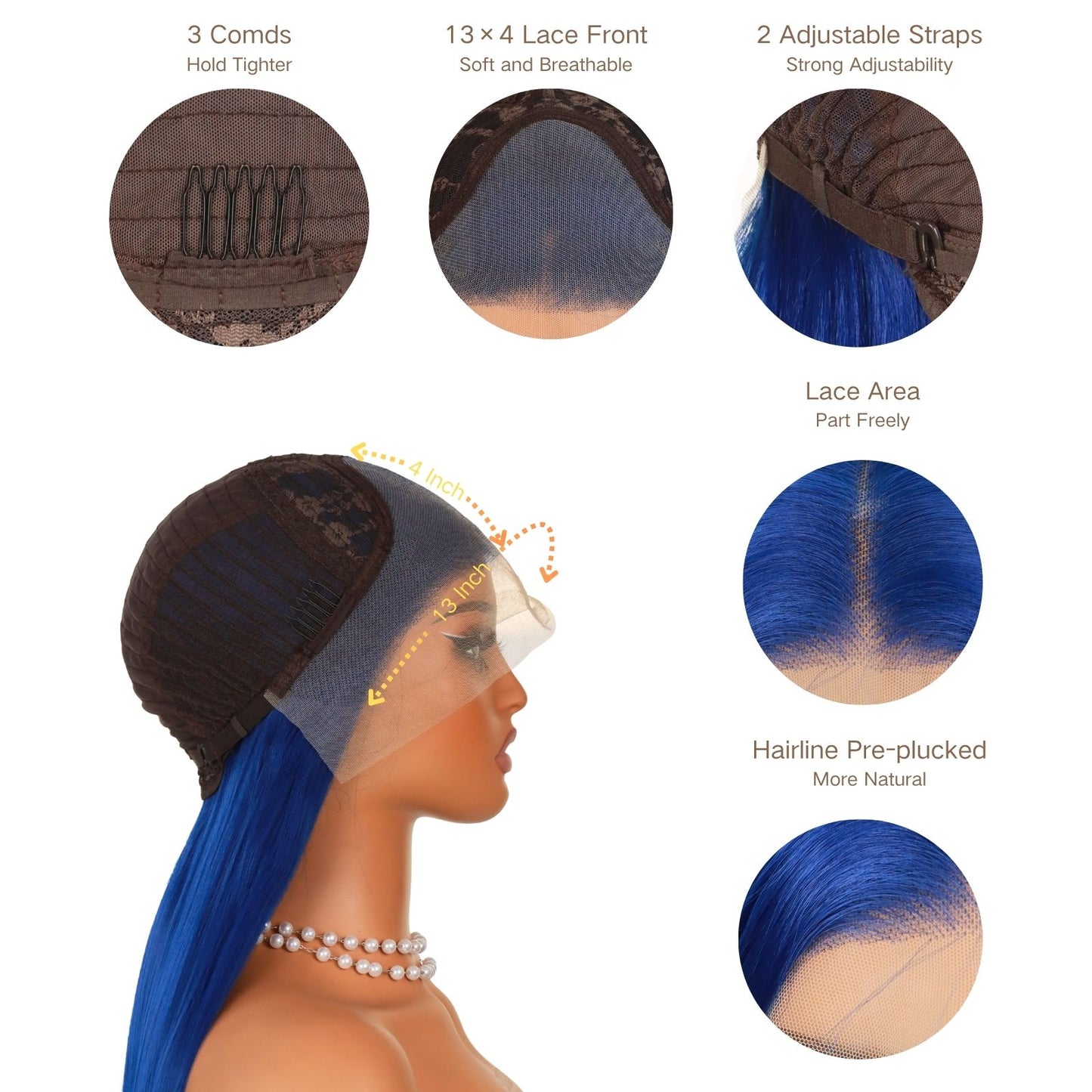 Blue Long Straight Lace Front Synthetic Wig 13x4 HD Transparent Lace, Free Part, Pre-Plucked Natural Hairline, Heat-Resistant Fiber for Women 24"