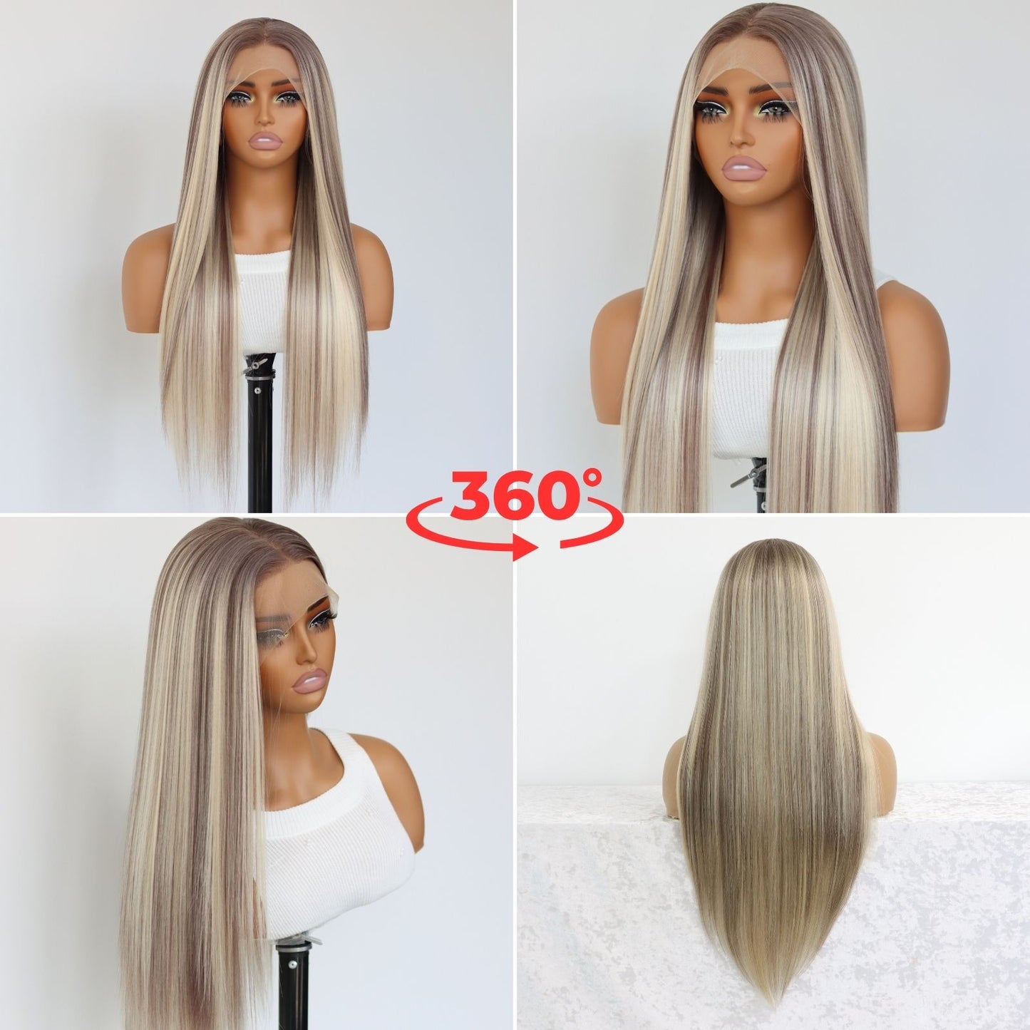Ombre Blonde Mixed Brown Straight Synthetic Lace Front Wig 13X4 Party Daily Use 26 Inches