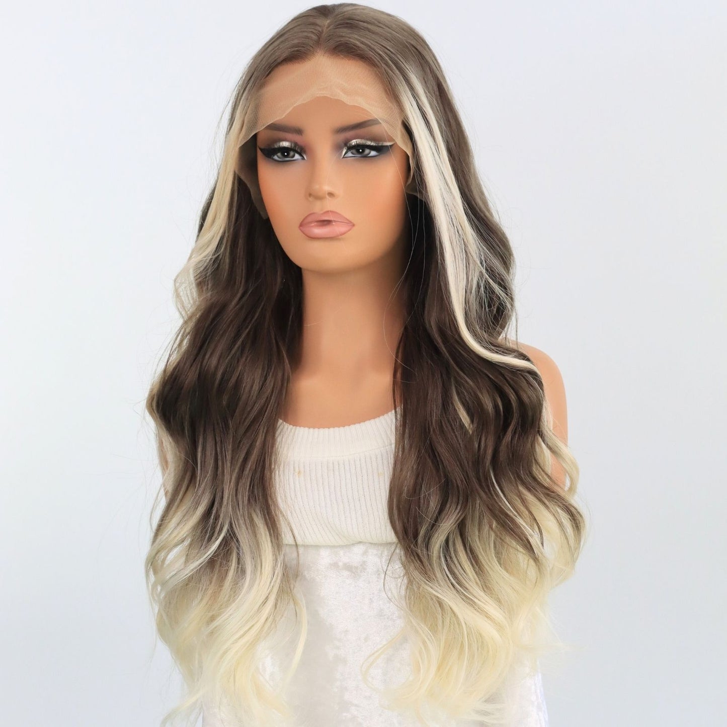 Ombre Blonde Body Wave Synthetic Lace Front Wig Free Part Pre Plucked 13X4 for Women Daily Use 24 Inches Heat Friendly