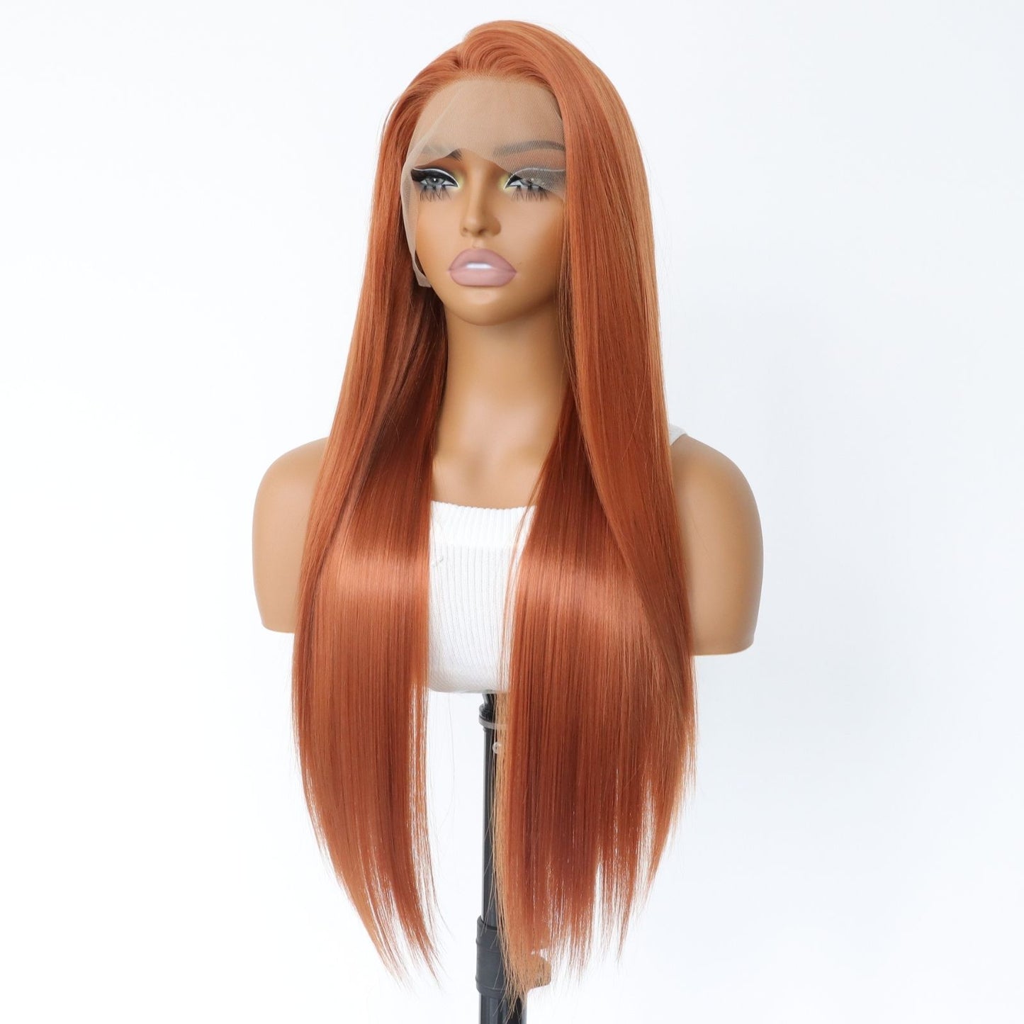 Copper Orange Straight Synthetic Lace Front Wig Ginger Orange Heat Resistant HD Transparent & Pre Plucked Free Part 13x4 Party Daily Use 24-Inch