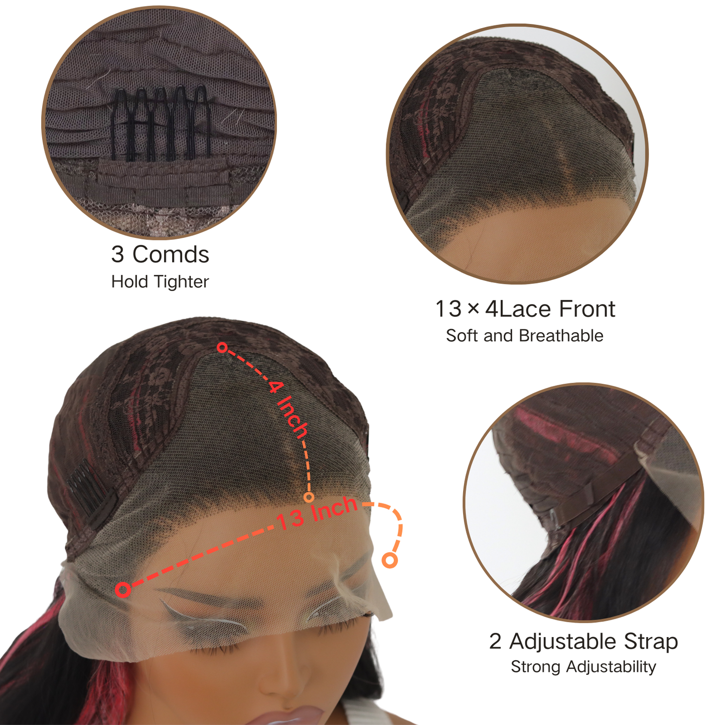 Pink Highlights Lace Front Wig Pink Skunk Stripe Synthetic Wavy Wigs 13×4 Lace Front Wig Pink and Black Colored Wigs 150% Density 24 Inch For Black Women