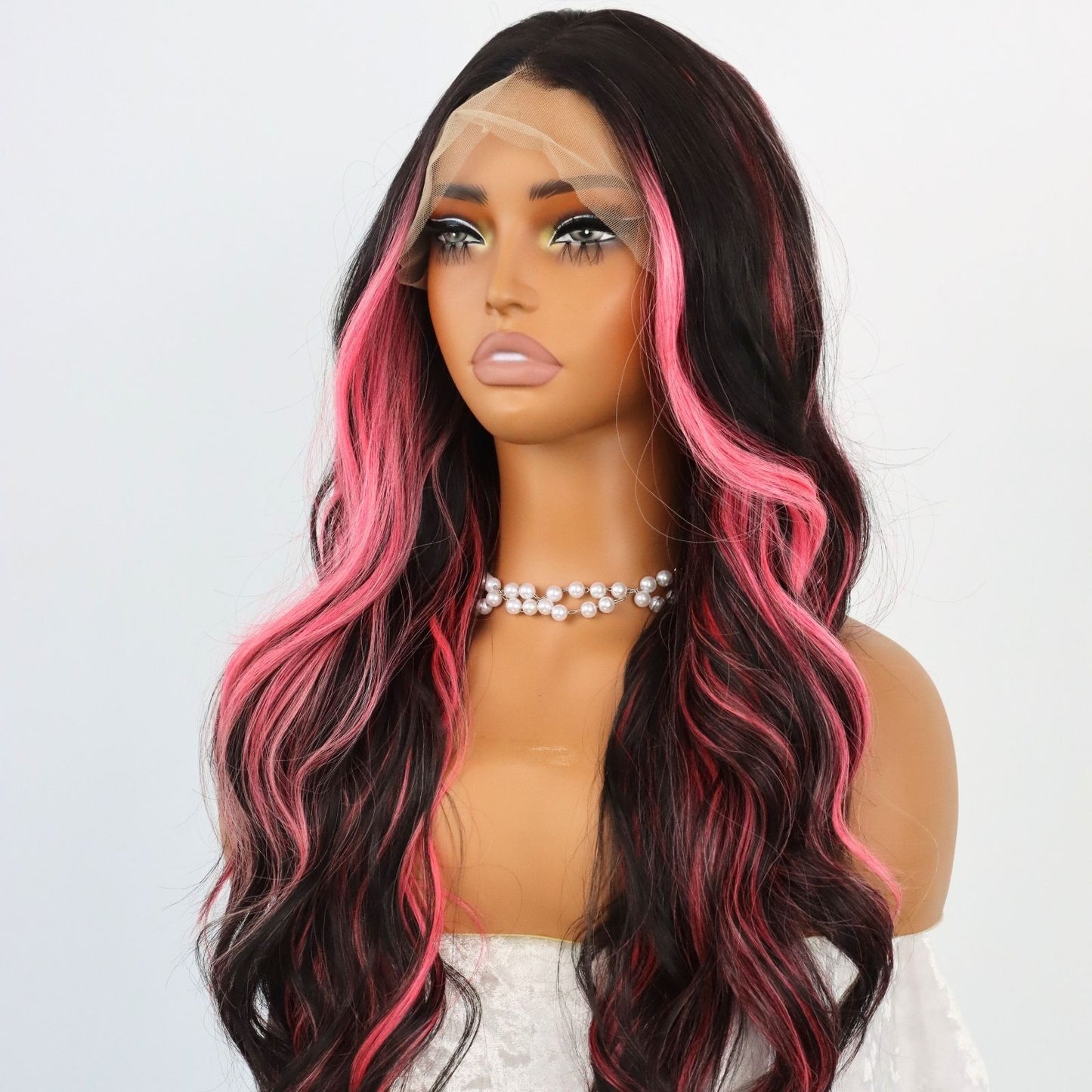 Pink Highlight Black Lace Front Wig Long Loose Wavy Synthetic Wig Heat-Resistant Pre-Plucked Hairline 13x4 HD Transparent Free Part 24" for Party Daily Use