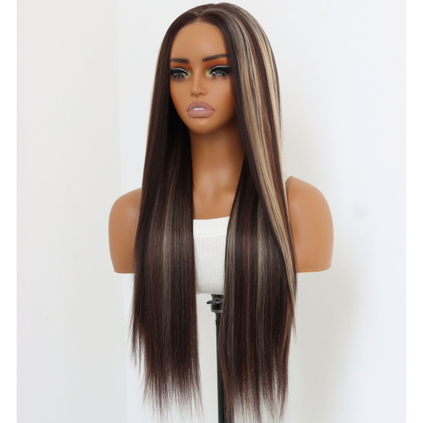 Reddish Brown Mix Blonde Highlight Natural Straight 24 inches 7X5 Pre Cuted Free Part Lace Front Women's Wig Heat Friendly