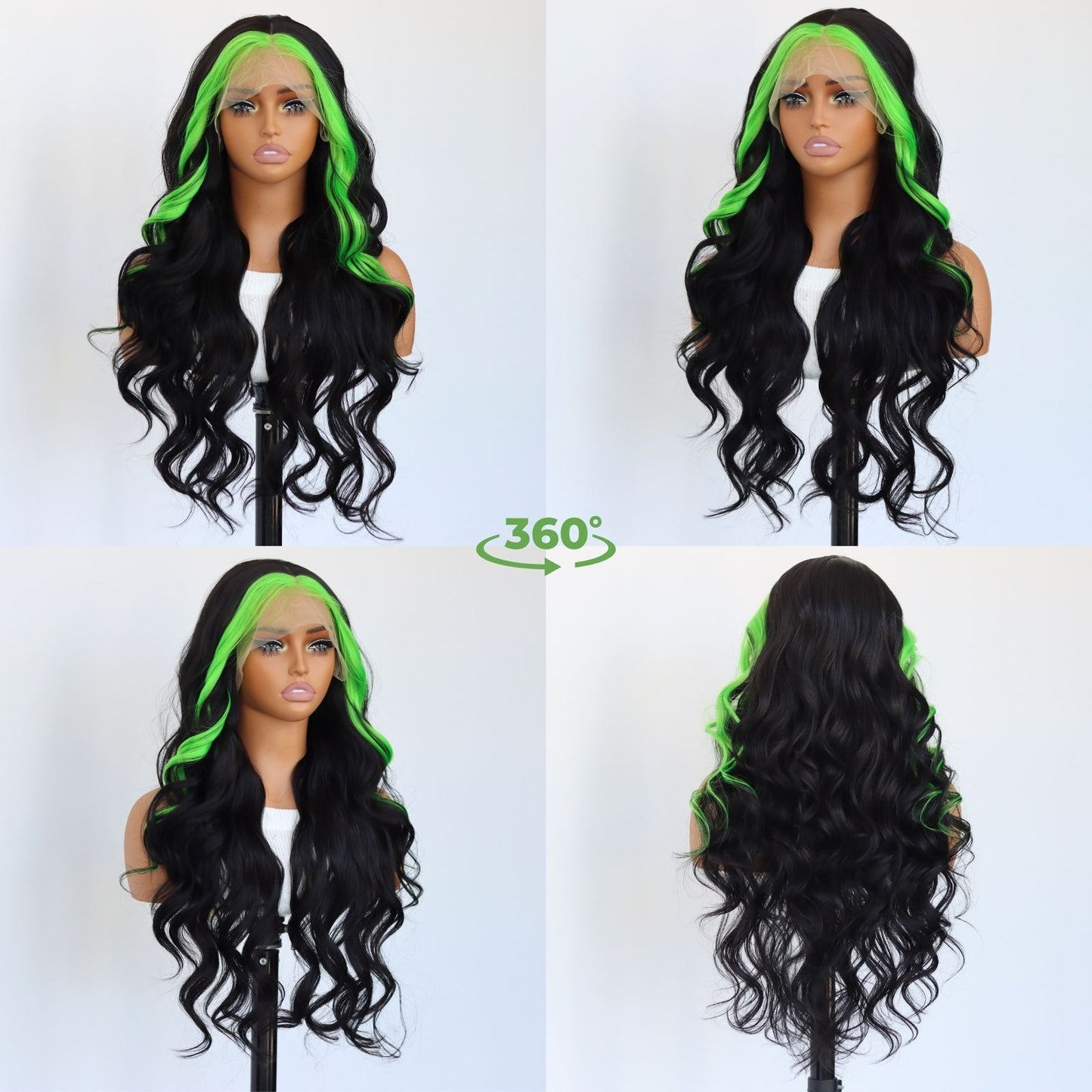 Highlight Green Black Body Wave  Synthetic Lace Front Wig 13X4 Party  Daily Use 24 Inches