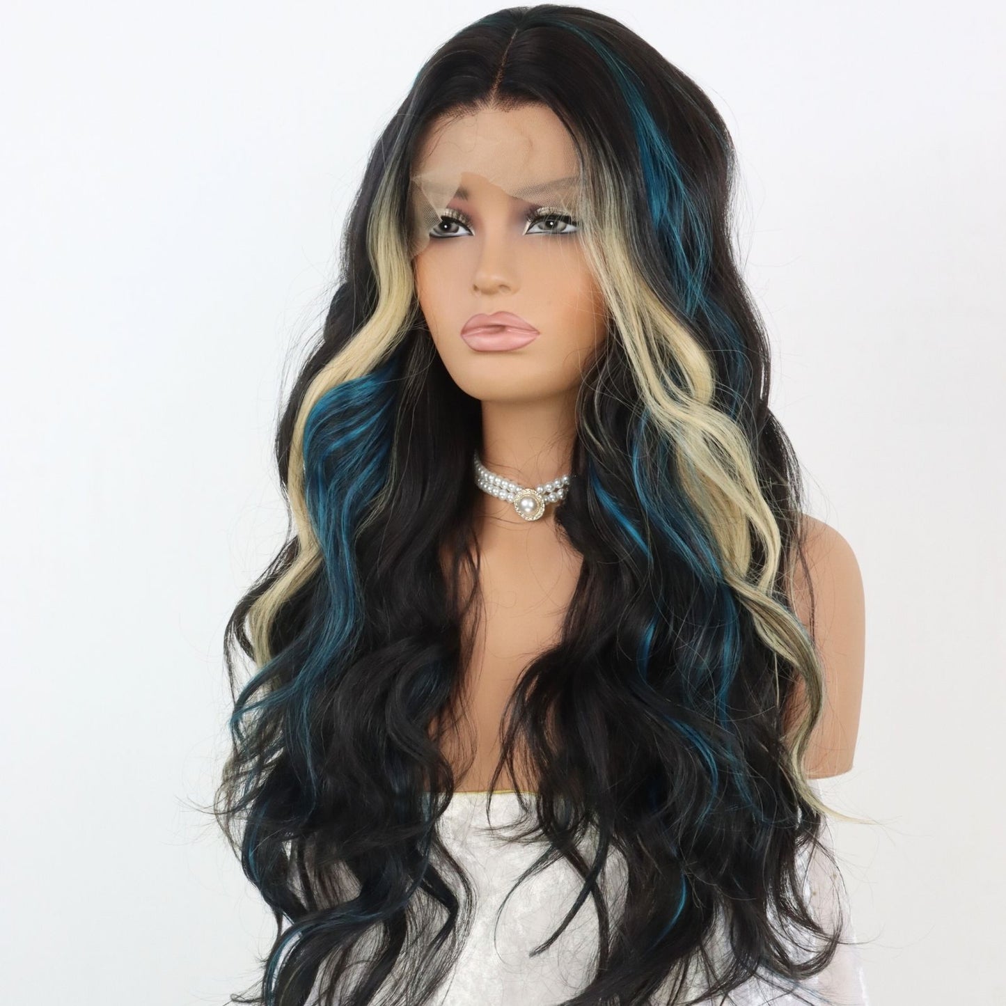 Blue & Blonde Highlights Black Body Wavy Synthetic Lace Front Wig Heat Resistant Pre Plucked 13x4 Party Daily Use 24 Inches