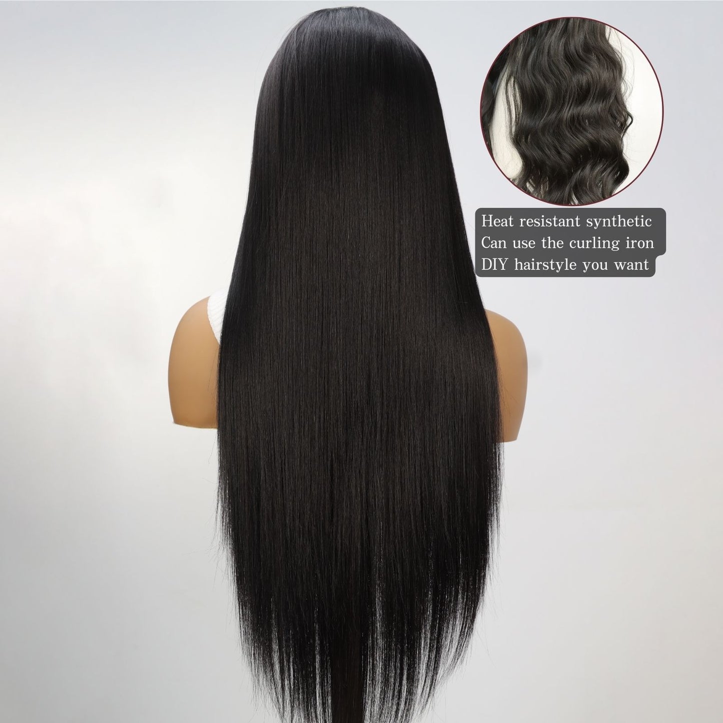 Natural Black Straight Synthetic Lace Front Wig Pre-Cut 7X5 Daily Use 24 Inches