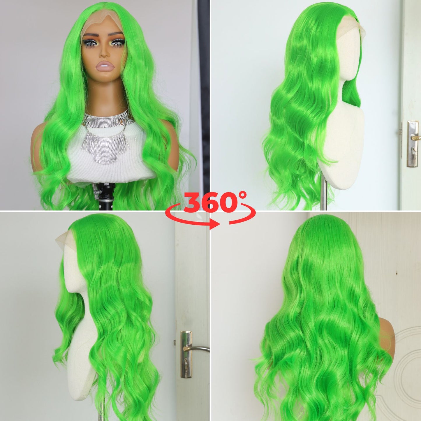 Fluorescent Green Body Wave Synthetic Lace Front Wigs for Holidays Daily Party Use 28 Inch