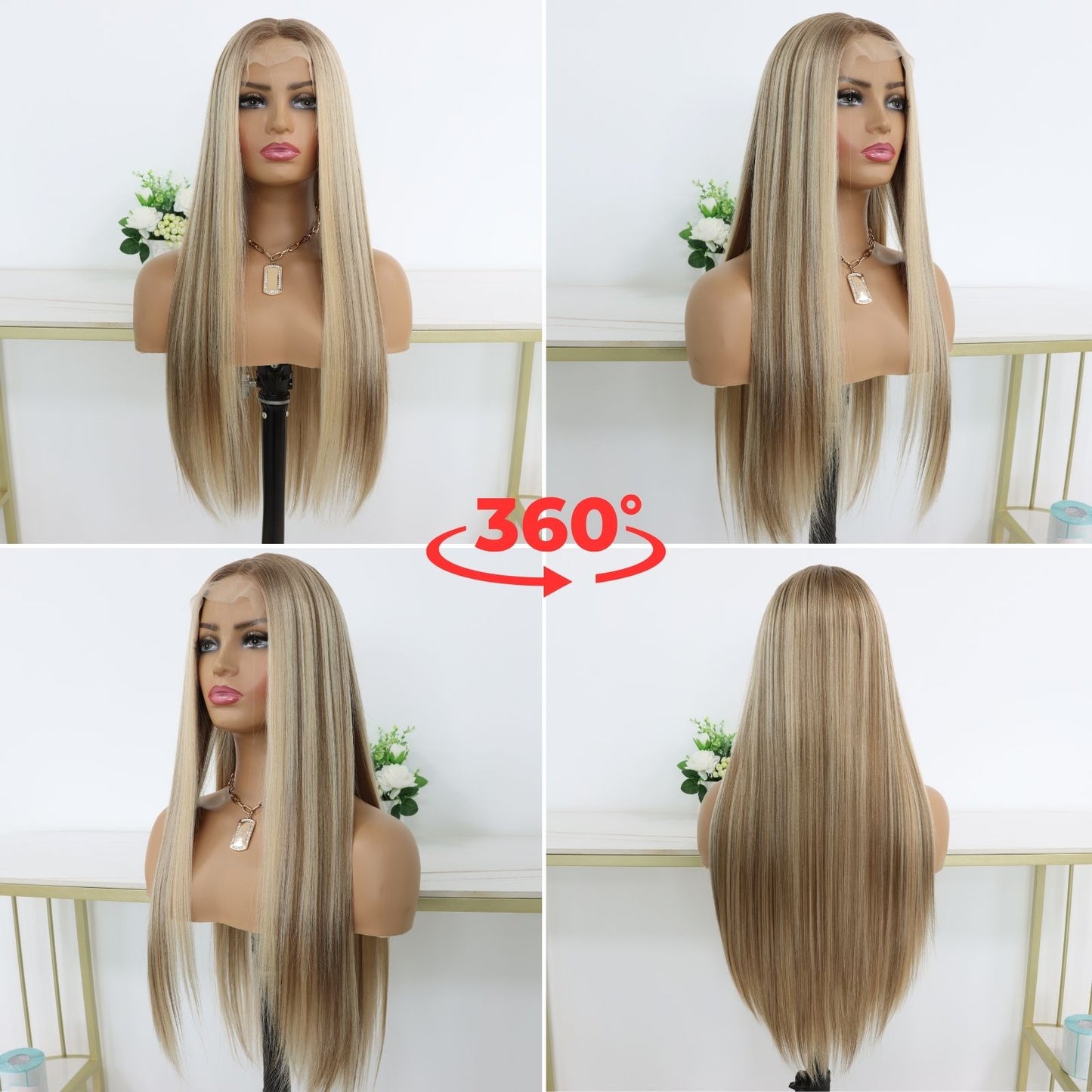Ombre Blonde Mixed Brown Straight Synthetic Lace Front Wig 13x4 Daily Use 26 Inches