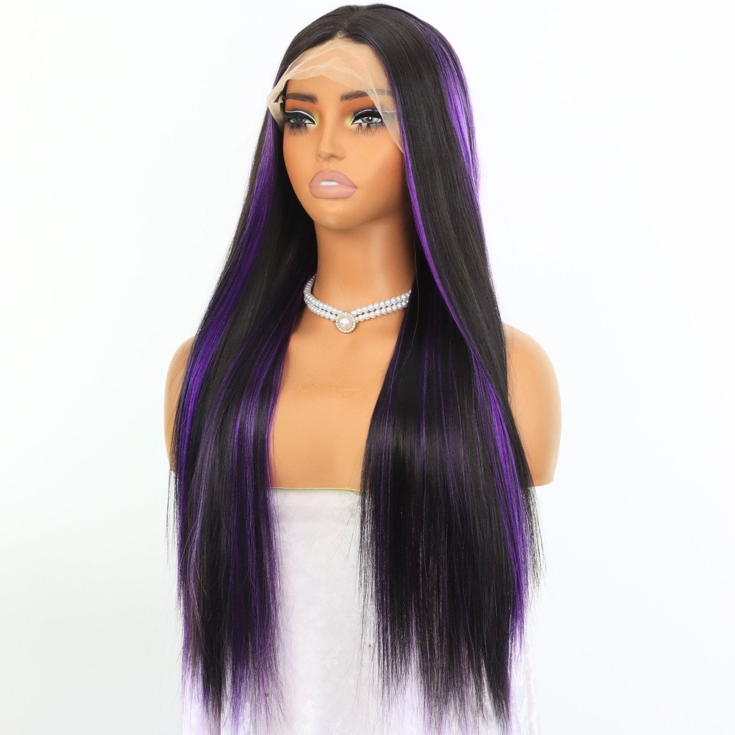 Ombre Purple Highlight Black Straight Lace Front Wig 13x4 Free Part HD Transparent Heat-Resistant Pre-Plucked Hairline 24" for Party Daily Use
