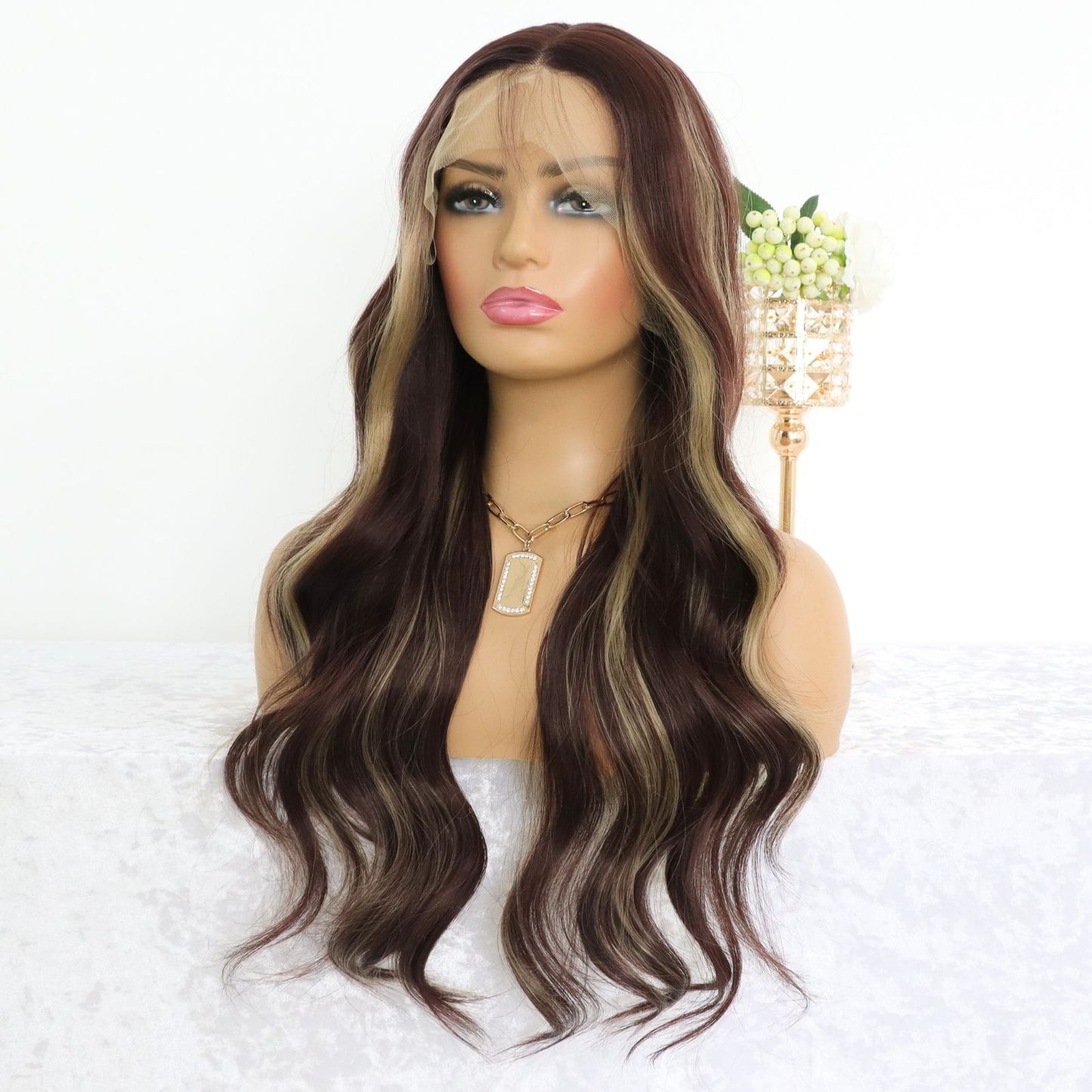 Hazelnut Lace Front Wig with Honey Blonde Highlight Long Wavy Synthetic Wig Loose Curls Heat-Resistant & Pre-Plucked Hairline Wig 13x4 HD Transparent Free Part Natural Looking 24"