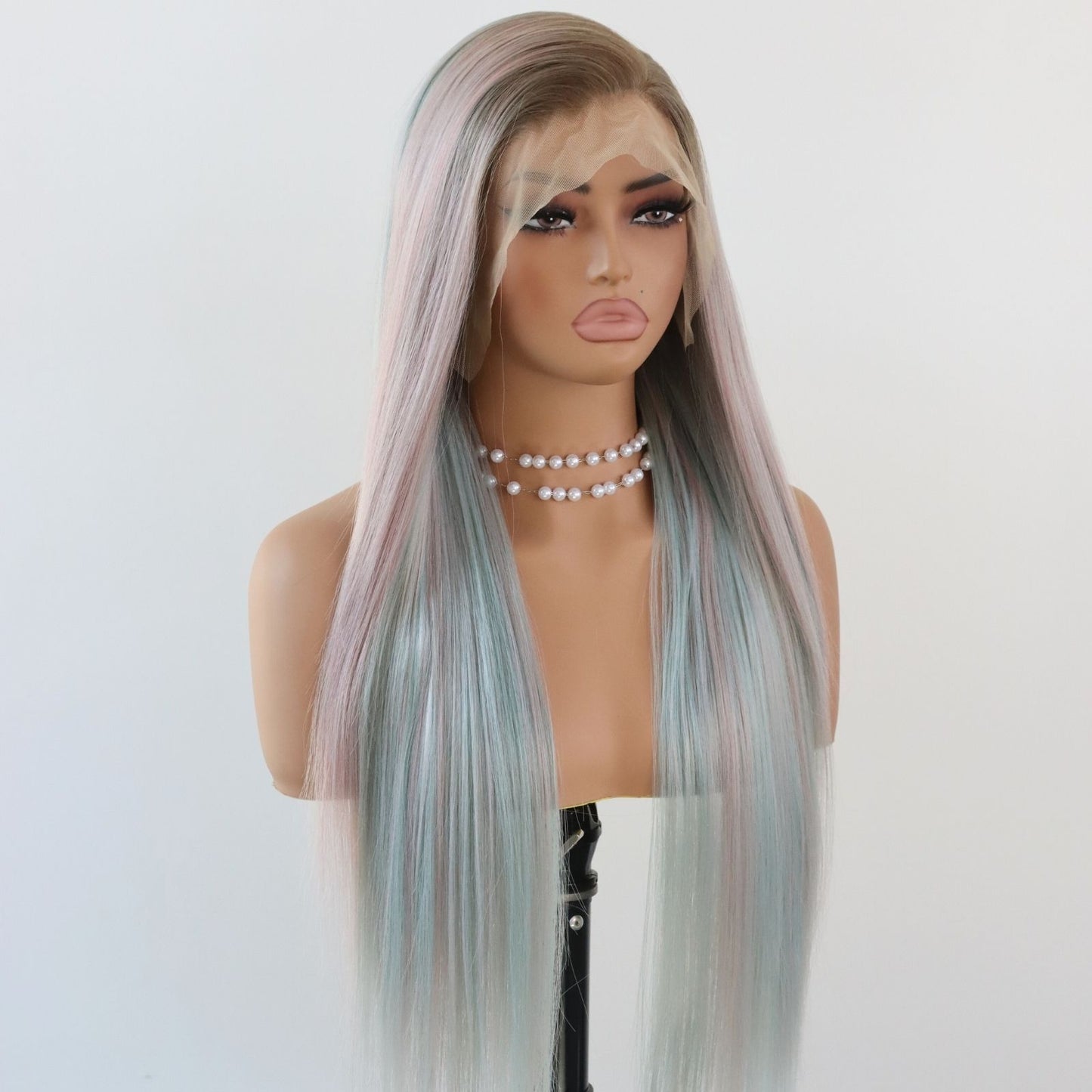Pink Mint Green Mixed Color Straight Synthetic Lace Front Wig Ombre Brown Roots 13x4 Party Daily Use 28 Inches