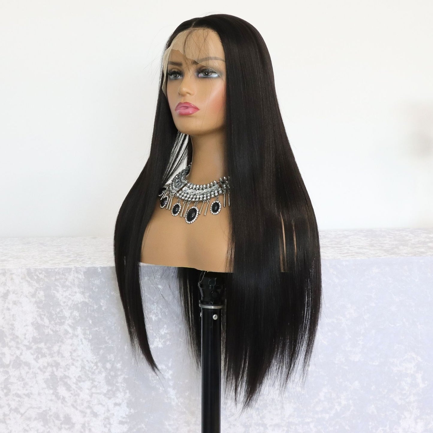 Silky Long Straight Black Synthetic Lace Front Wig with Free Part Pre Plucked 13X4 Heat Friendly 24 Inches