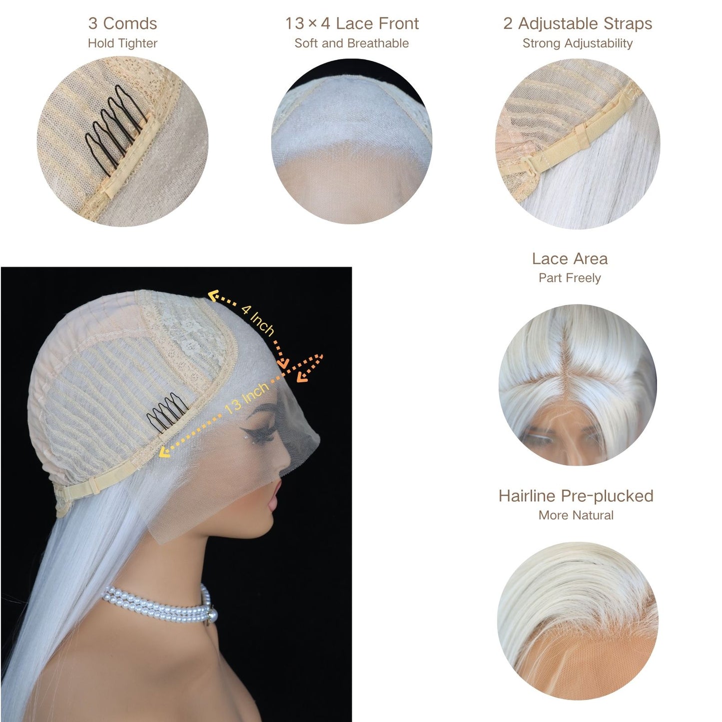 24 Inch Gray White Straight Lace Front Wig 13x4 HD Transparent Lace, Heat Resistant, Free Part, Pre-Plucked Natural Hairline Synthetic Hair