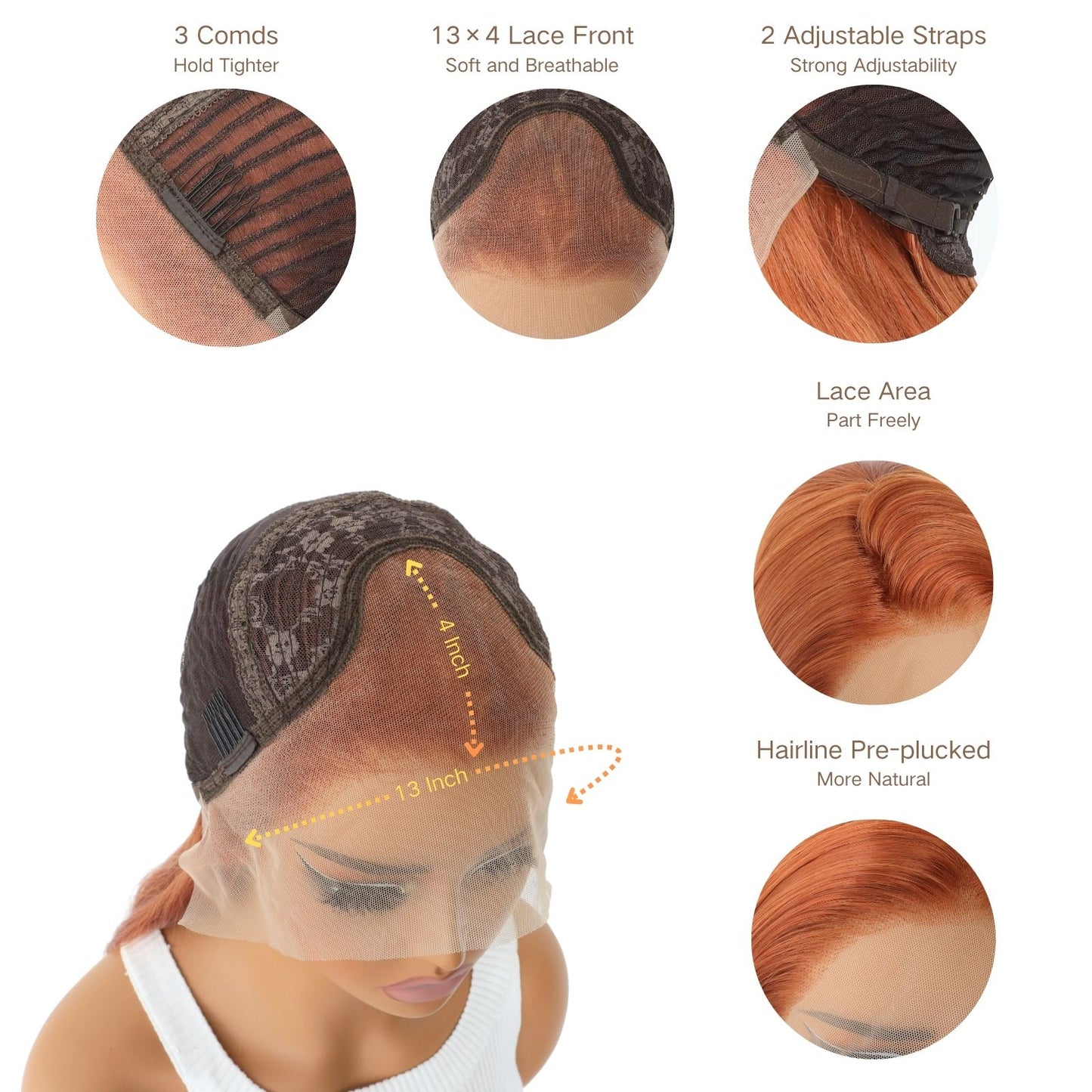 Copper Orange Straight Synthetic Lace Front Wig Ginger Orange Heat Resistant HD Transparent & Pre Plucked Free Part 13x4 Party Daily Use 24-Inch