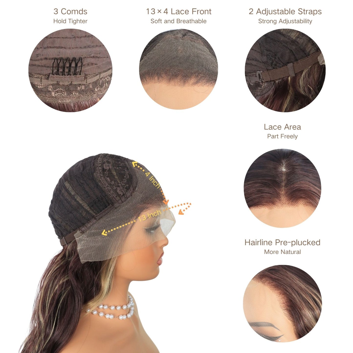 Hazelnut Lace Front Wig with Honey Blonde Highlight Long Wavy Synthetic Wig Loose Curls Heat-Resistant & Pre-Plucked Hairline Wig 13x4 HD Transparent Free Part Natural Looking 24"