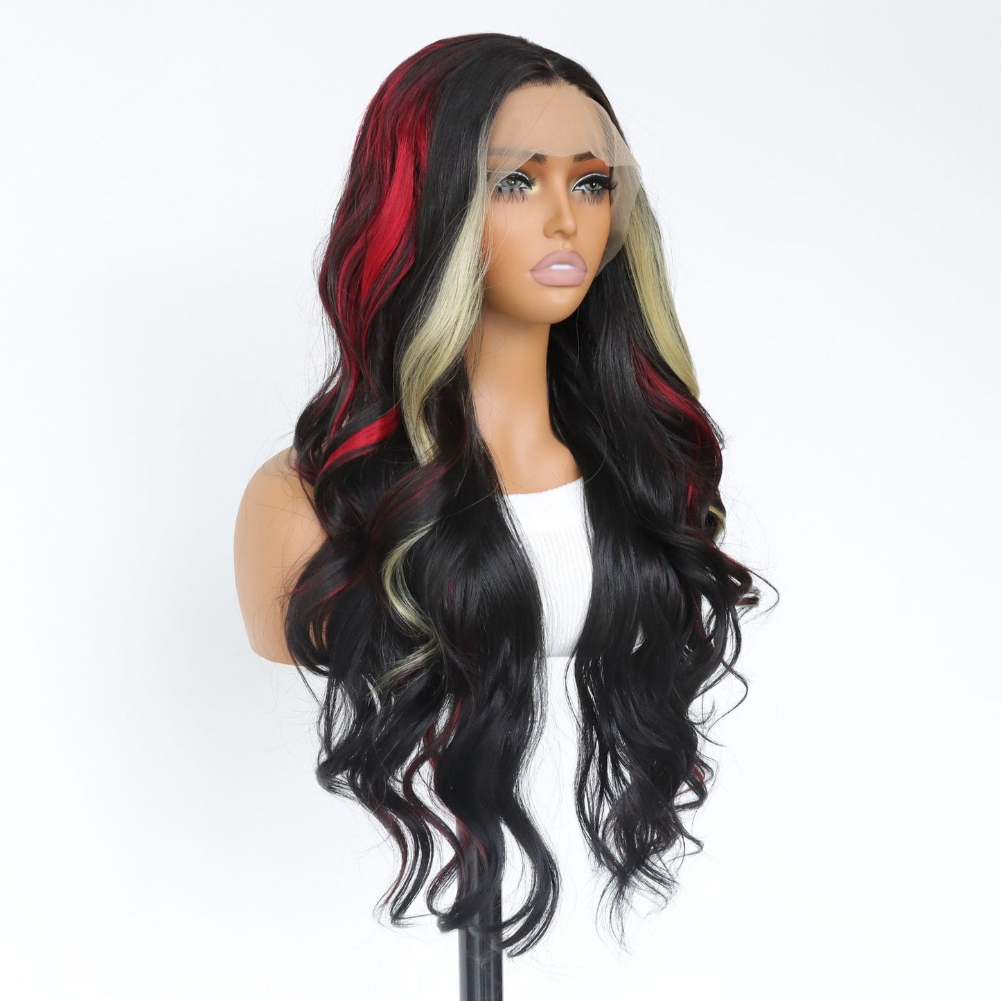 Highlight Blonde Red Black Skunk Stripe Body Wave Ombre Synthetic Lace Front Wig 13X4 Party  Daily Use 24 Inches