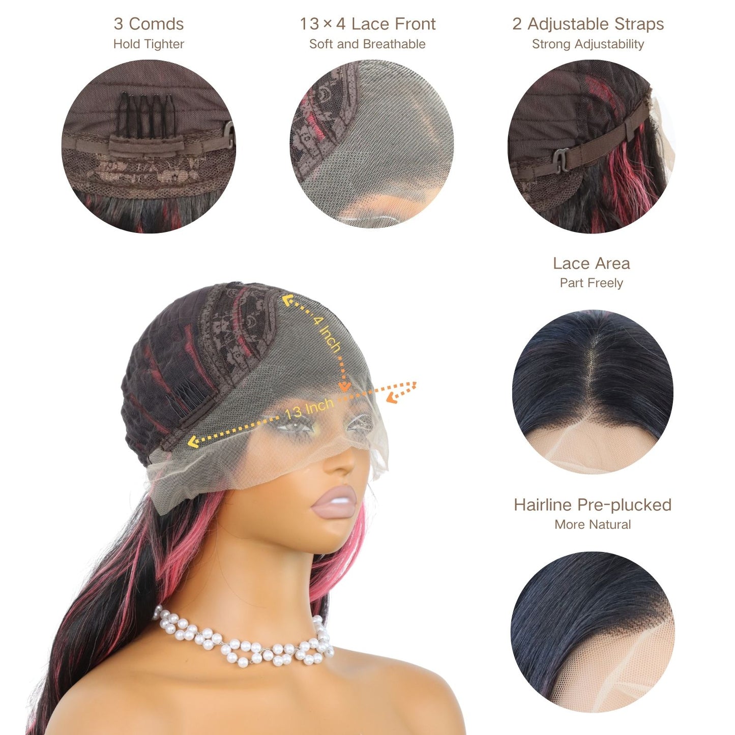 Pink Highlight Black Lace Front Wig Long Loose Wavy Synthetic Wig Heat-Resistant Pre-Plucked Hairline 13x4 HD Transparent Free Part 24" for Party Daily Use