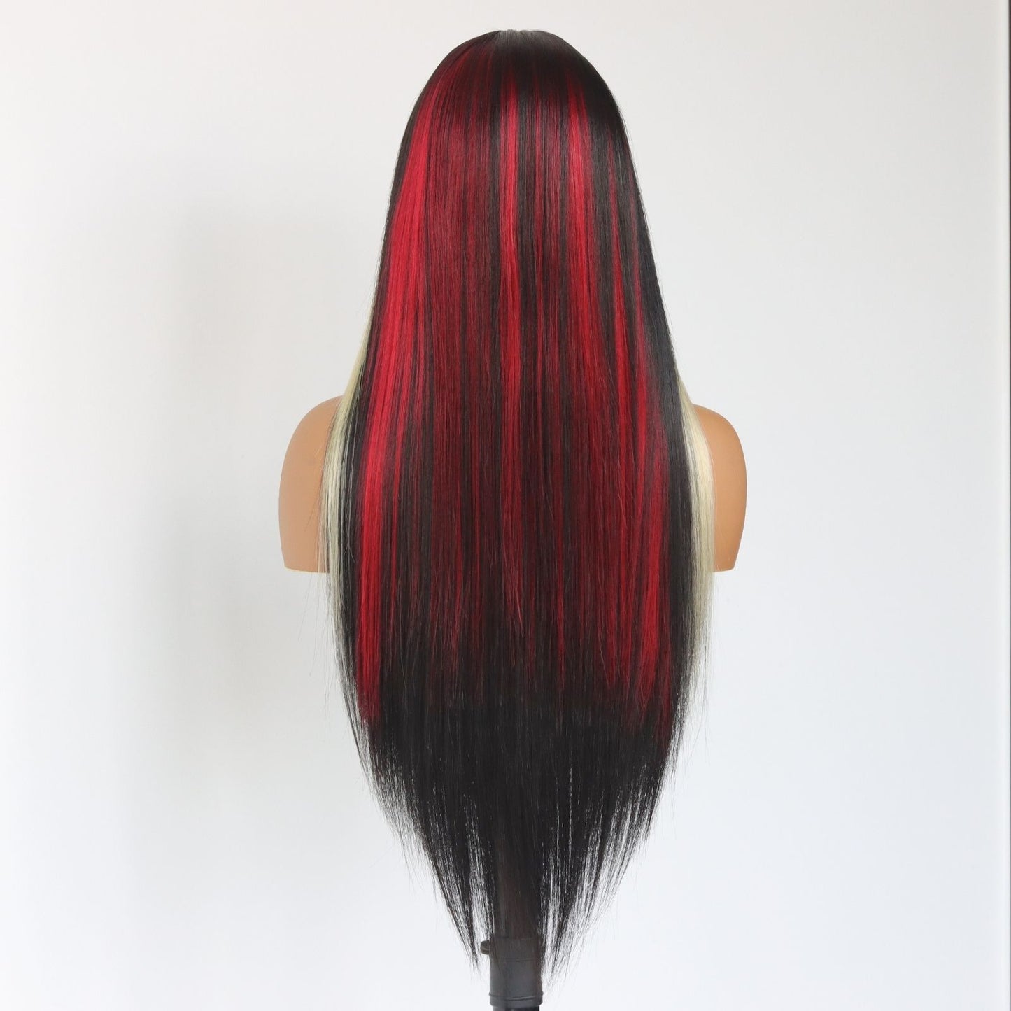 Highlight Red Blonde Black Mixed Straight Synthetic Lace Front Wig 13X4 Party Daily Use 26 Inches