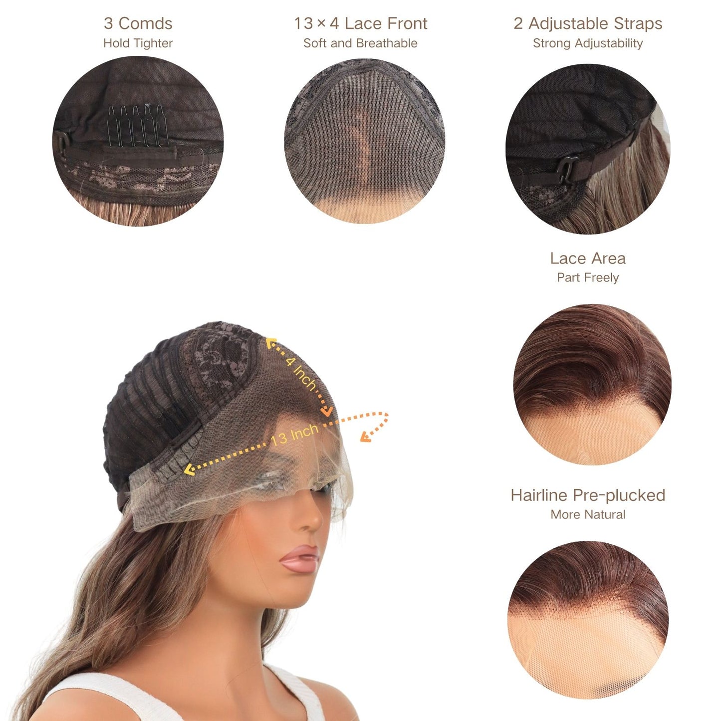 Champagne Gold Ombre Reddish Brown Lace Front Wig with Dark Roots Heat-Resistant Pre-Plucked Hairline 13x4 Free Part HD Transparent 24" for Party Daily Use
