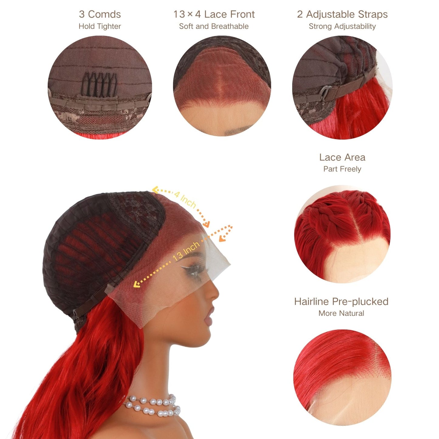 Red Body Wave Lace Front Synthetic Wig 13x4 Heat-Resistant Pre-Plucked Hairline with Free Part 24" Beginner-Friendly for Parties & Cosplay Use