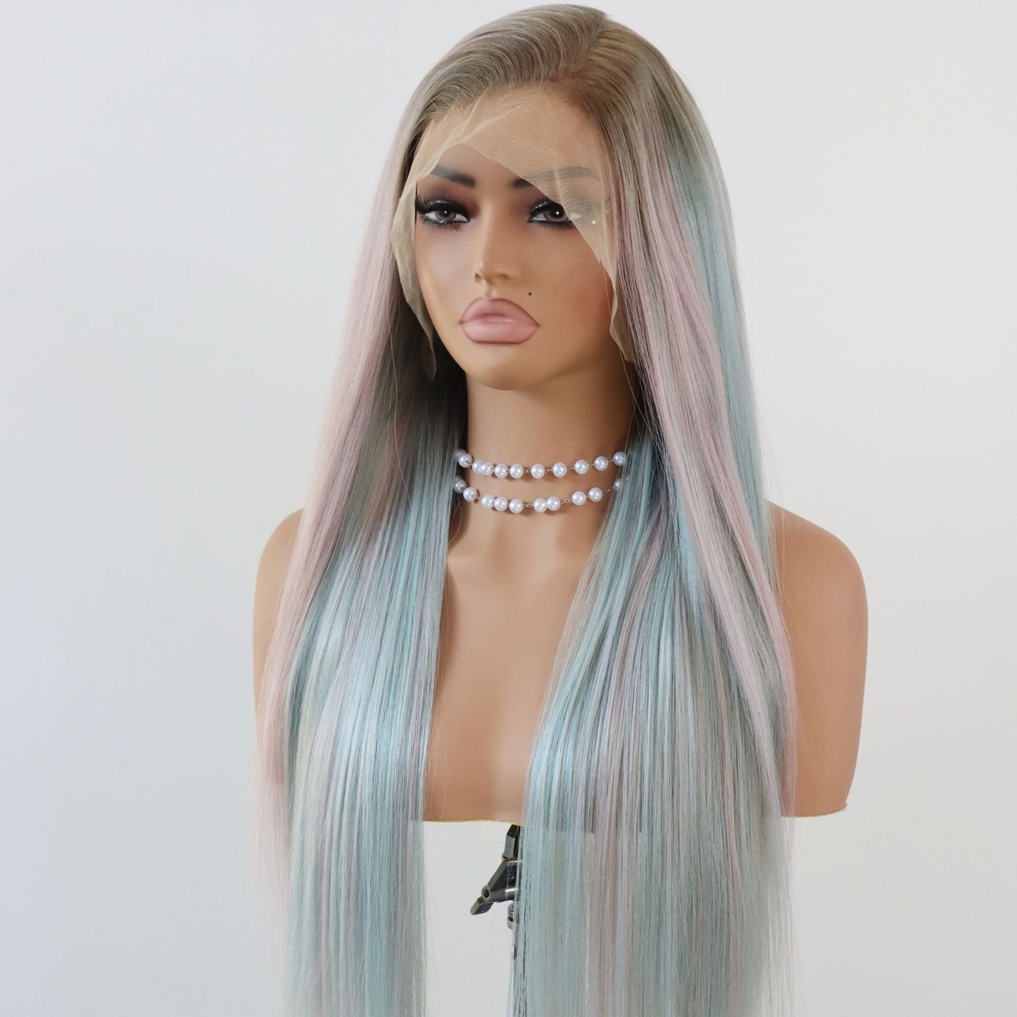 Pink Mint Green Mixed Color Straight Synthetic Lace Front Wig Ombre Brown Roots 13x4 Party Daily Use 28 Inches