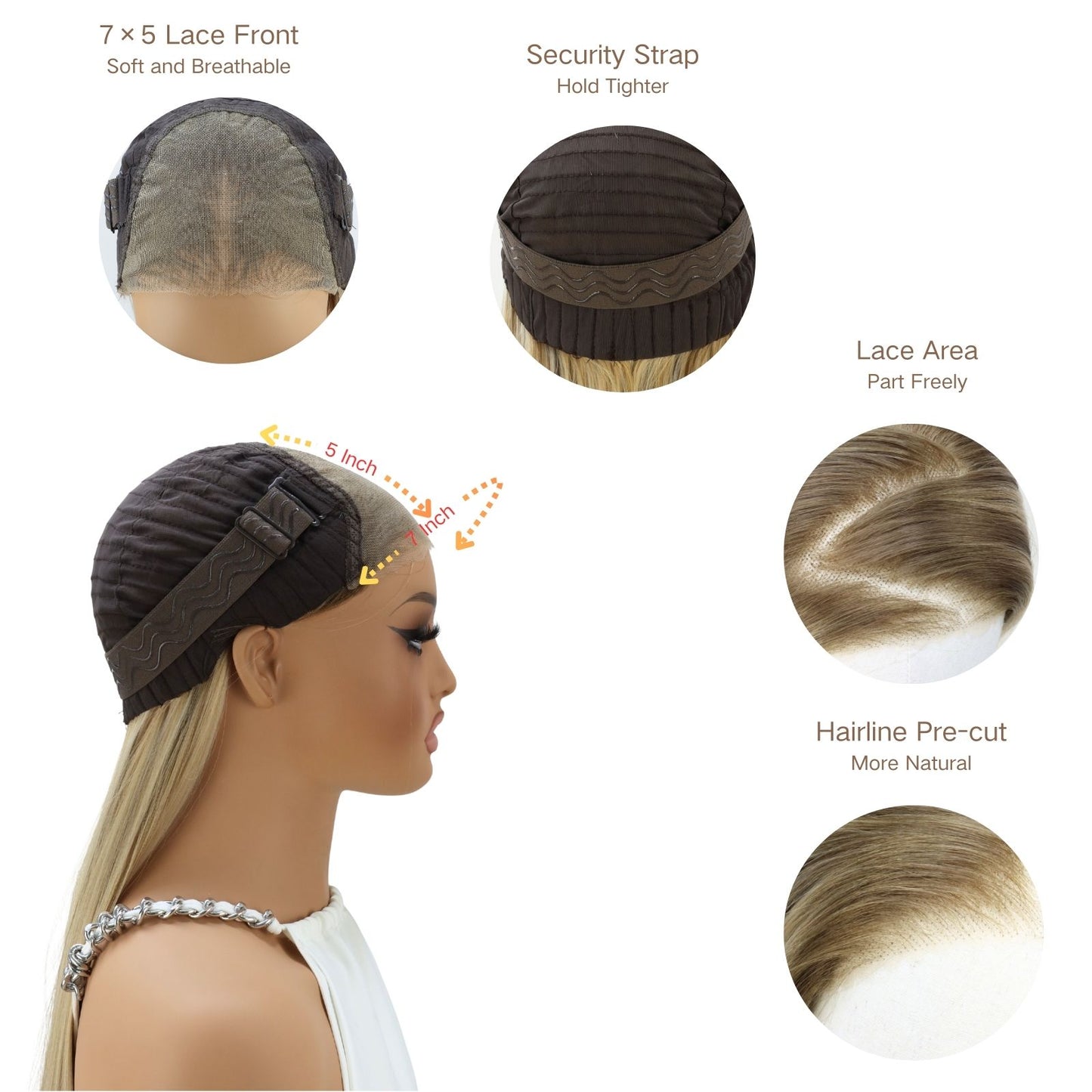 7x5 Lace Front Ombre Synthetic Wig Ash Blonde with Platinum Highlights Long Silky Straight Wig Heat-Resistant Pre Cut HD Transparent Free Part 24" for Party Daily Use