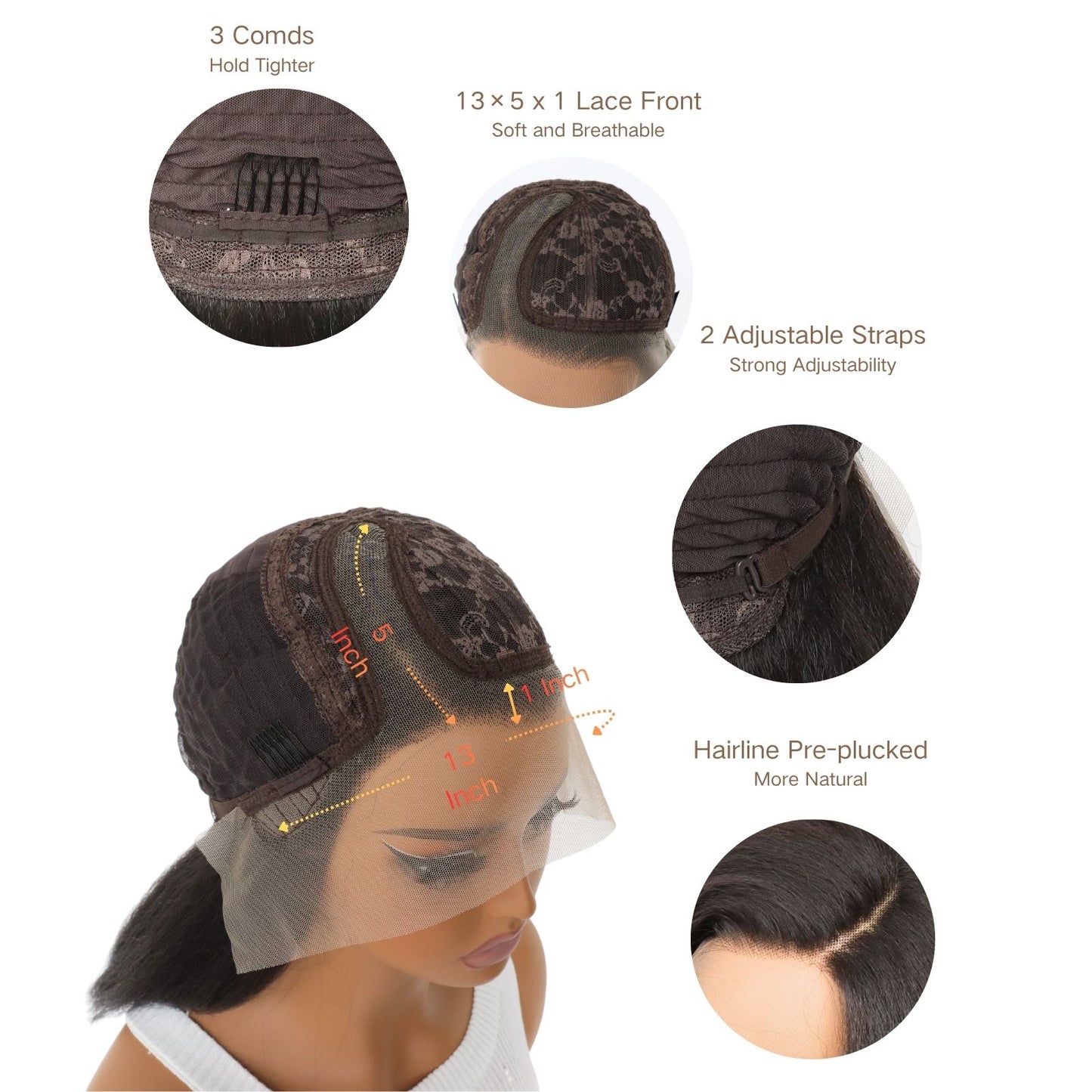 14 Inch Short Yaki Kinky Straight Lace Front Wig Dark Brown Heat-Resistant Synthetic Fiber HD Transparent Lace with 5" Deep Side Part