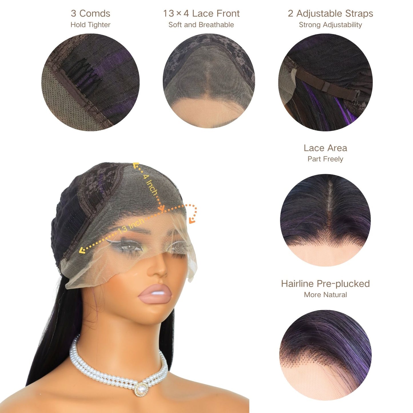 Ombre Purple Highlight Black Straight Lace Front Wig 13x4 Free Part HD Transparent Heat-Resistant Pre-Plucked Hairline 24" for Party Daily Use