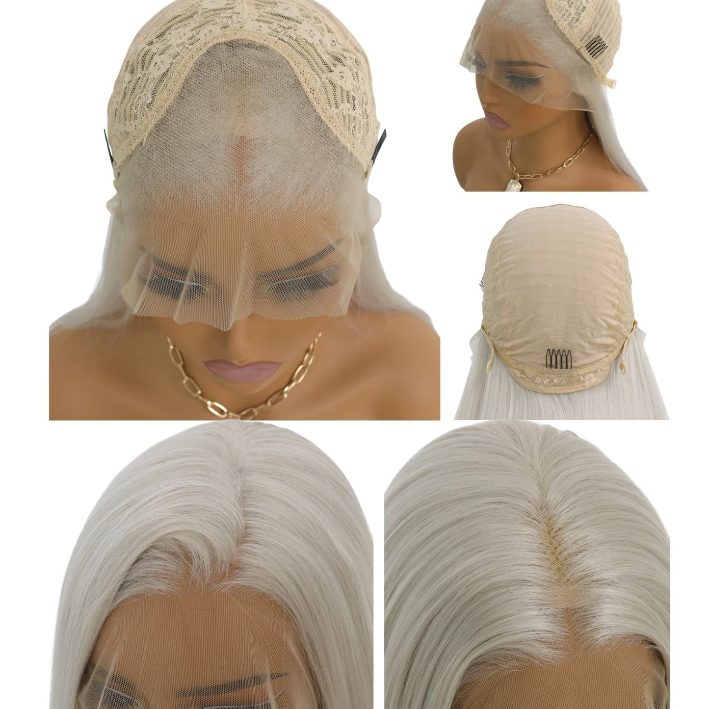 Gray White Straight Synthetic Lace Front Wig 13x4 for Daily Party Use 28 Inches