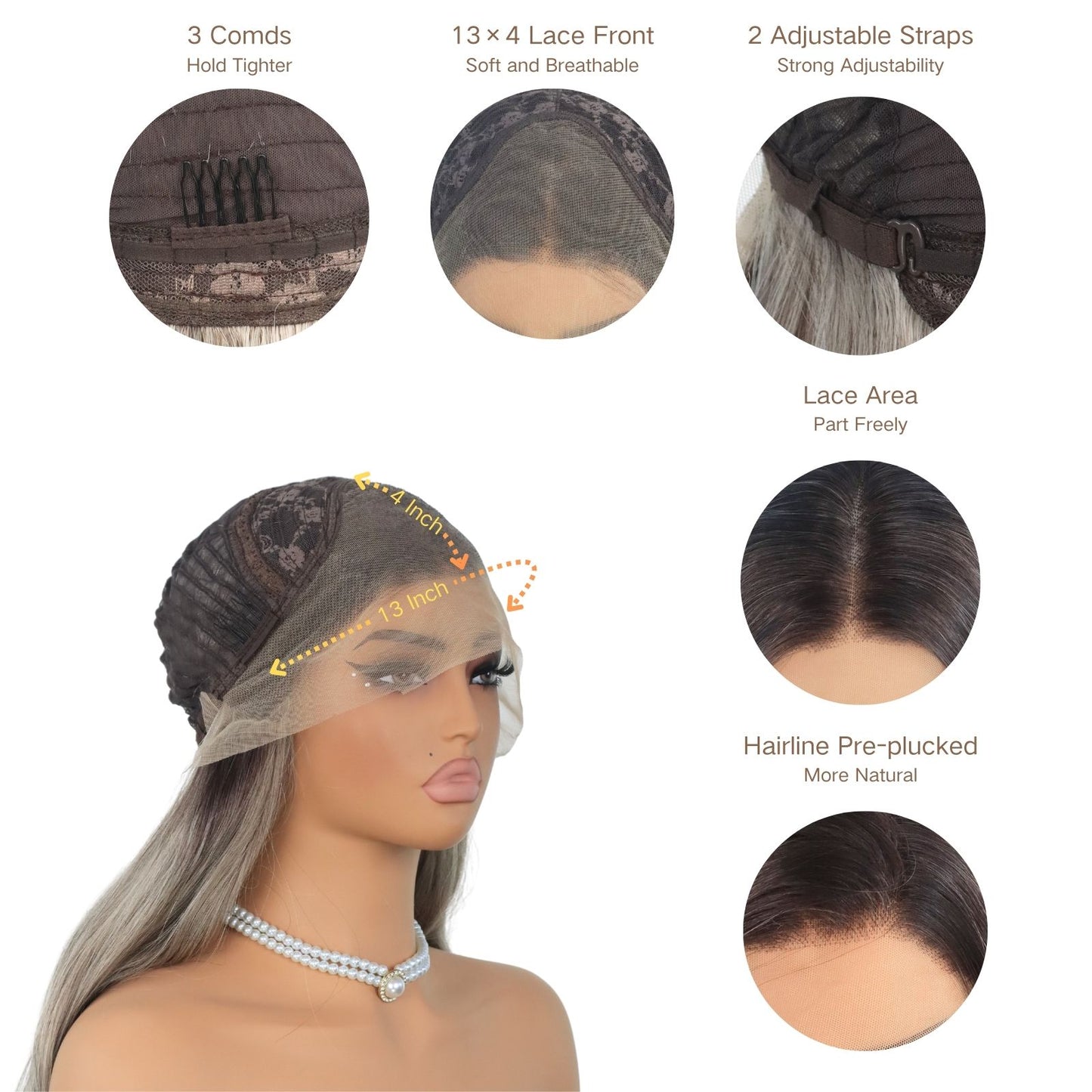 Silver Light Grey Ombre Lace Front Synthetic Wig with Dark Ash Brown Roots 24 Inch 13x4 Long Loose Wave Heat-Resistant HD Lace Free Part for Daily & Party Wear