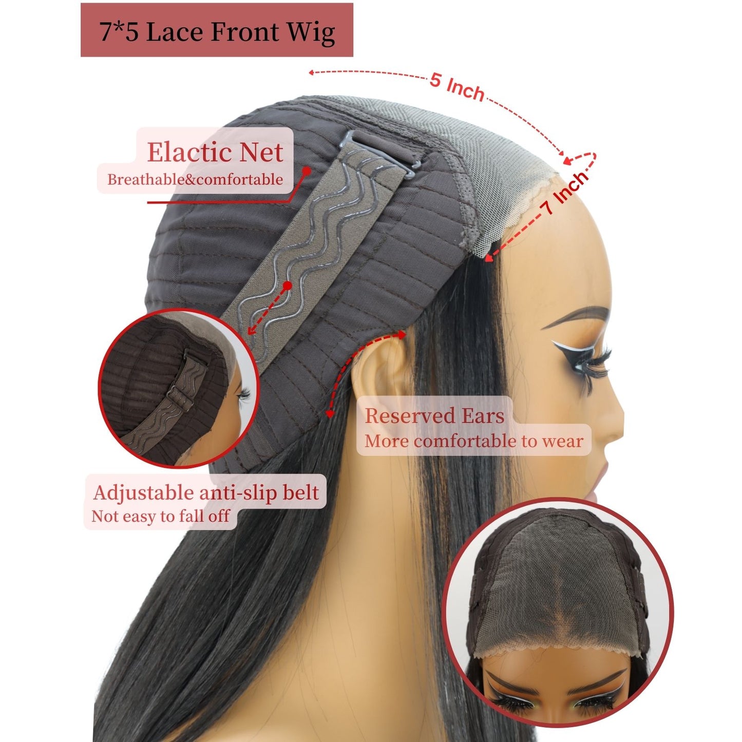 Natural Black Straight Synthetic Lace Front Wig Pre-Cut 7X5 Daily Use 24 Inches