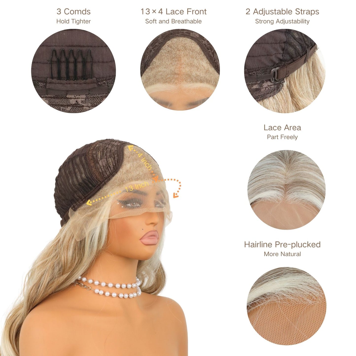 24 Inch Blonde Ombre Highlight Beige Brown Wavy Lace Front Wig 13x4 Free Part Heat Resistant Synthetic Hair, Natural Look