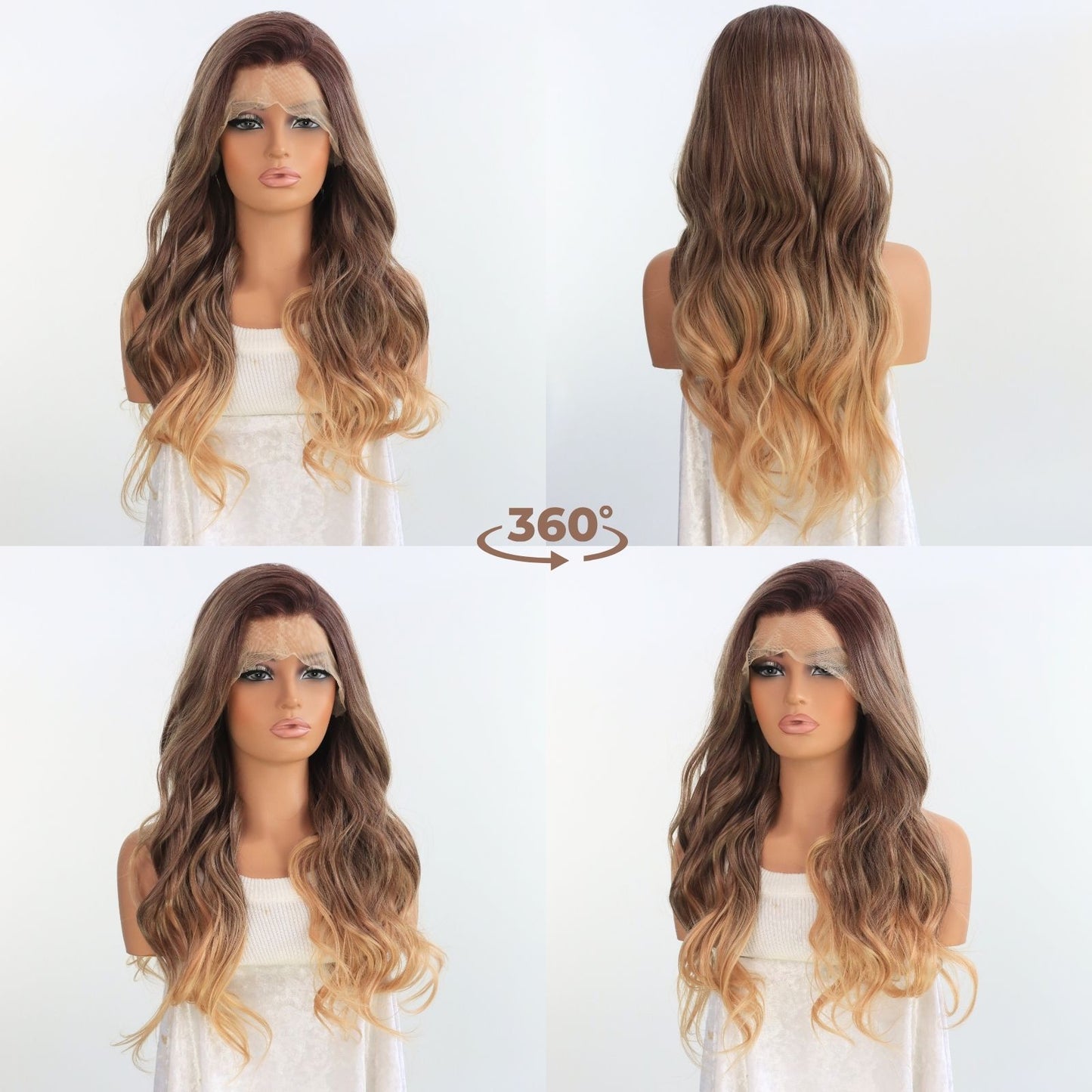 Champagne Gold Ombre Reddish Brown Lace Front Wig with Dark Roots Heat-Resistant Pre-Plucked Hairline 13x4 Free Part HD Transparent 24" for Party Daily Use