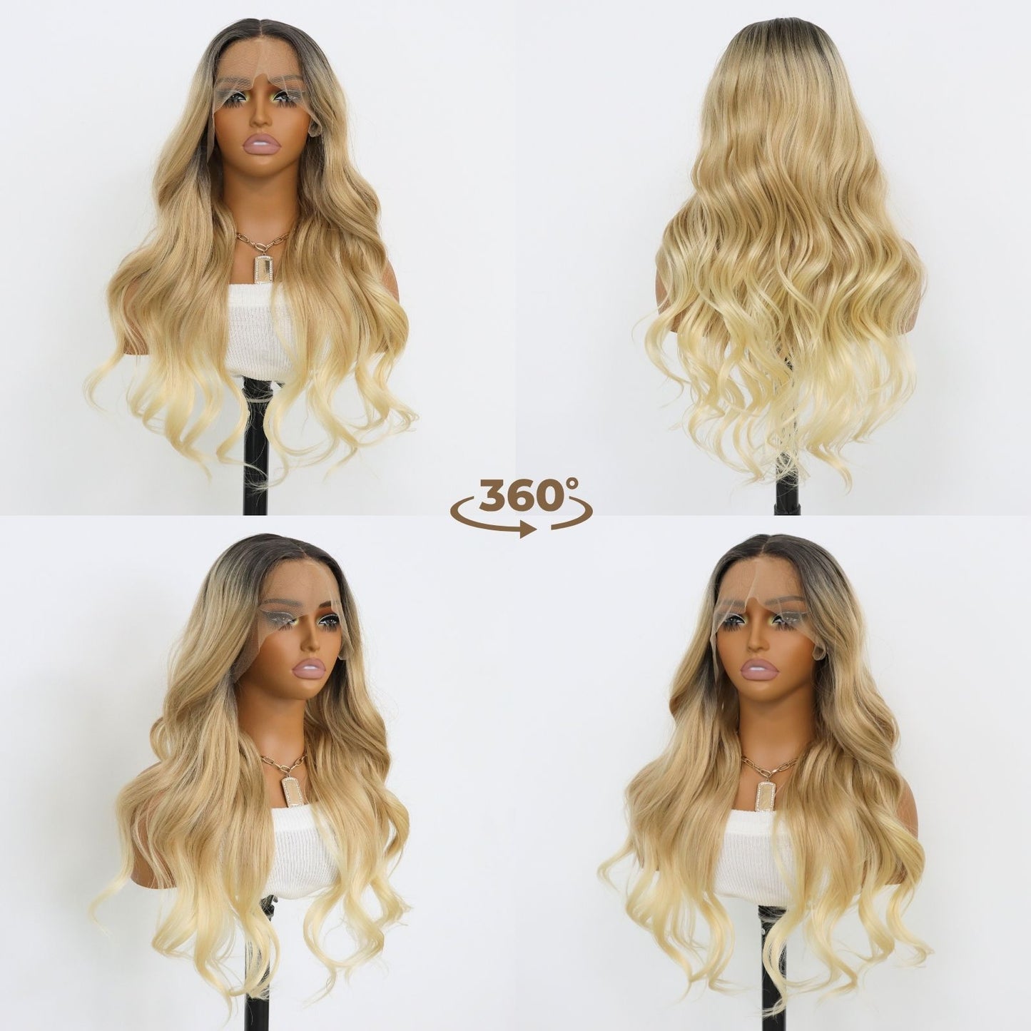 Two-Tone Ombre Lace Front Wig Long Wavy Dark Roots to Blonde Gradient Heat-Resistant Synthetic Hair with Natural Hairline 13x4 Free Part for Daily Use 24"