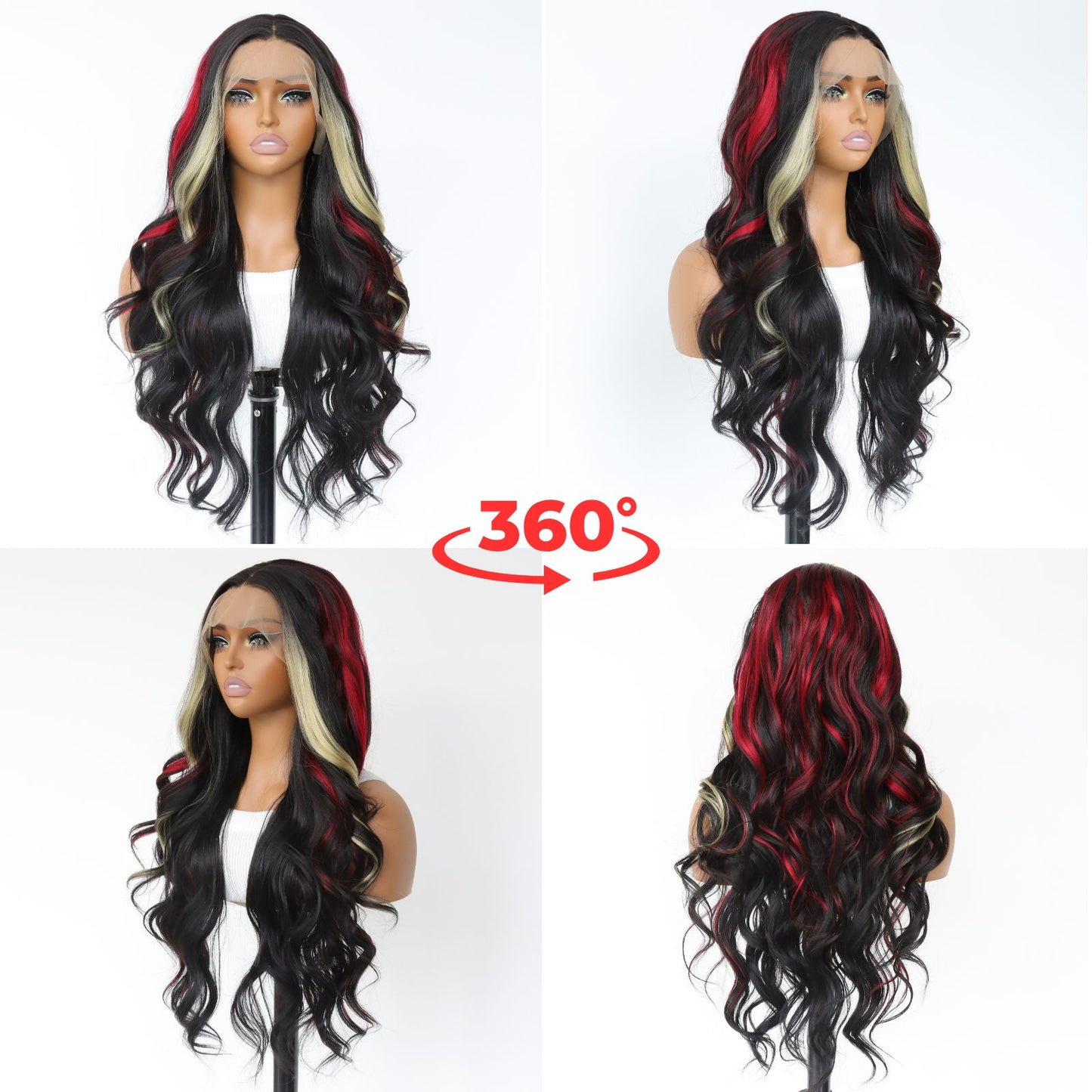 Highlight Blonde Red Black Skunk Stripe Body Wave Ombre Synthetic Lace Front Wig 13X4 Party  Daily Use 24 Inches