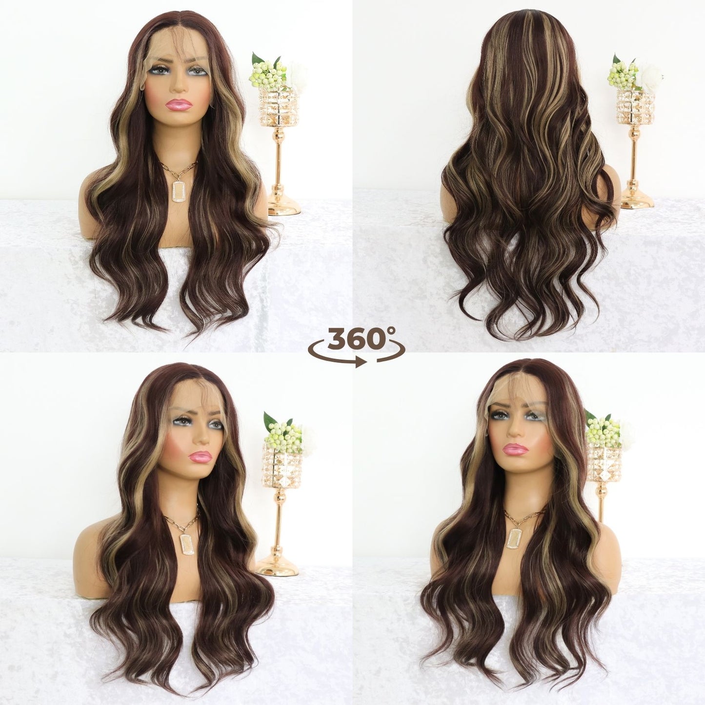 Hazelnut Lace Front Wig with Honey Blonde Highlight Long Wavy Synthetic Wig Loose Curls Heat-Resistant & Pre-Plucked Hairline Wig 13x4 HD Transparent Free Part Natural Looking 24"