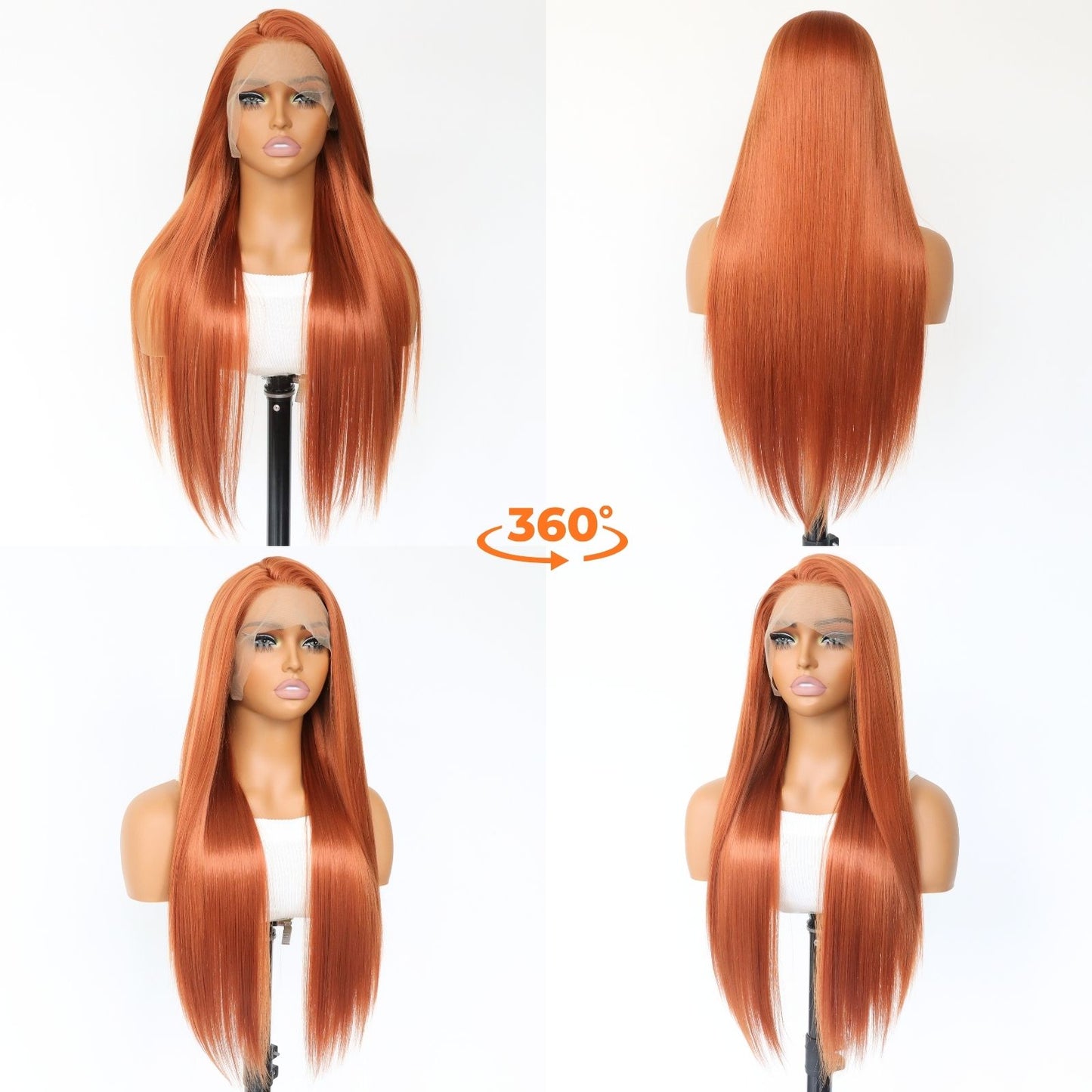 Copper Orange Straight Synthetic Lace Front Wig Ginger Orange Heat Resistant HD Transparent & Pre Plucked Free Part 13x4 Party Daily Use 24-Inch