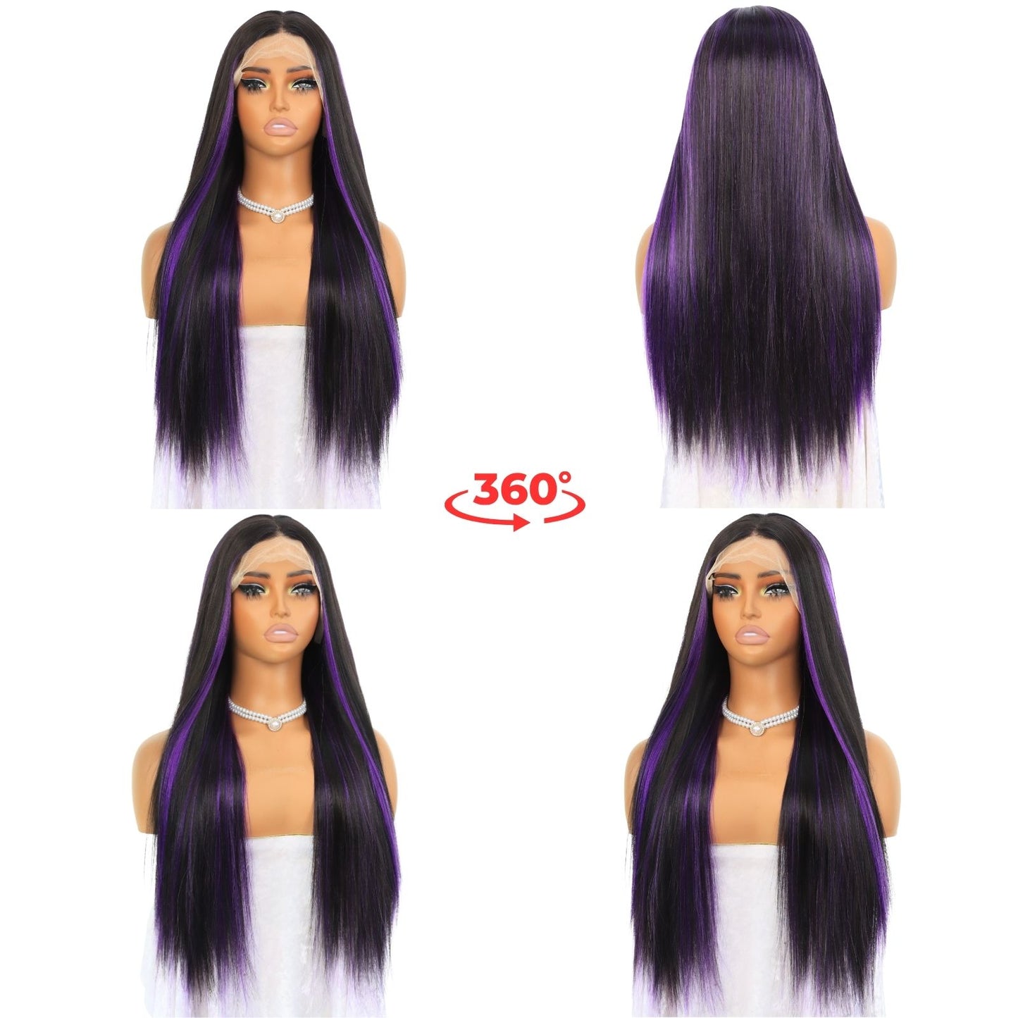 Ombre Purple Highlight Black Straight Lace Front Wig 13x4 Free Part HD Transparent Heat-Resistant Pre-Plucked Hairline 24" for Party Daily Use
