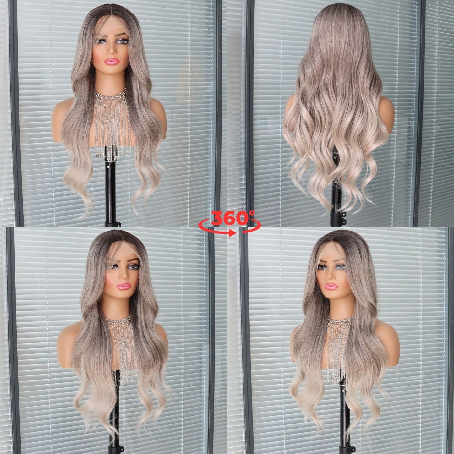 Silver Light Grey Ombre Lace Front Synthetic Wig with Dark Ash Brown Roots 24 Inch 13x4 Long Loose Wave Heat-Resistant HD Lace Free Part for Daily & Party Wear