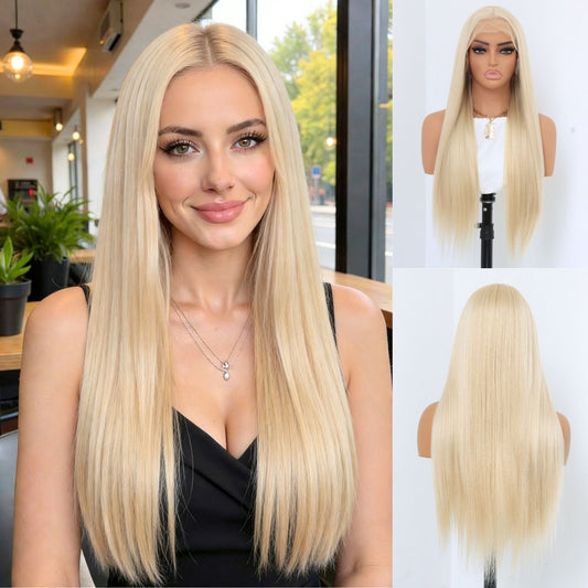 Ash Blonde Straight Synthetic Lace Front Wig  13x4  Party Daily Use 24 Inches