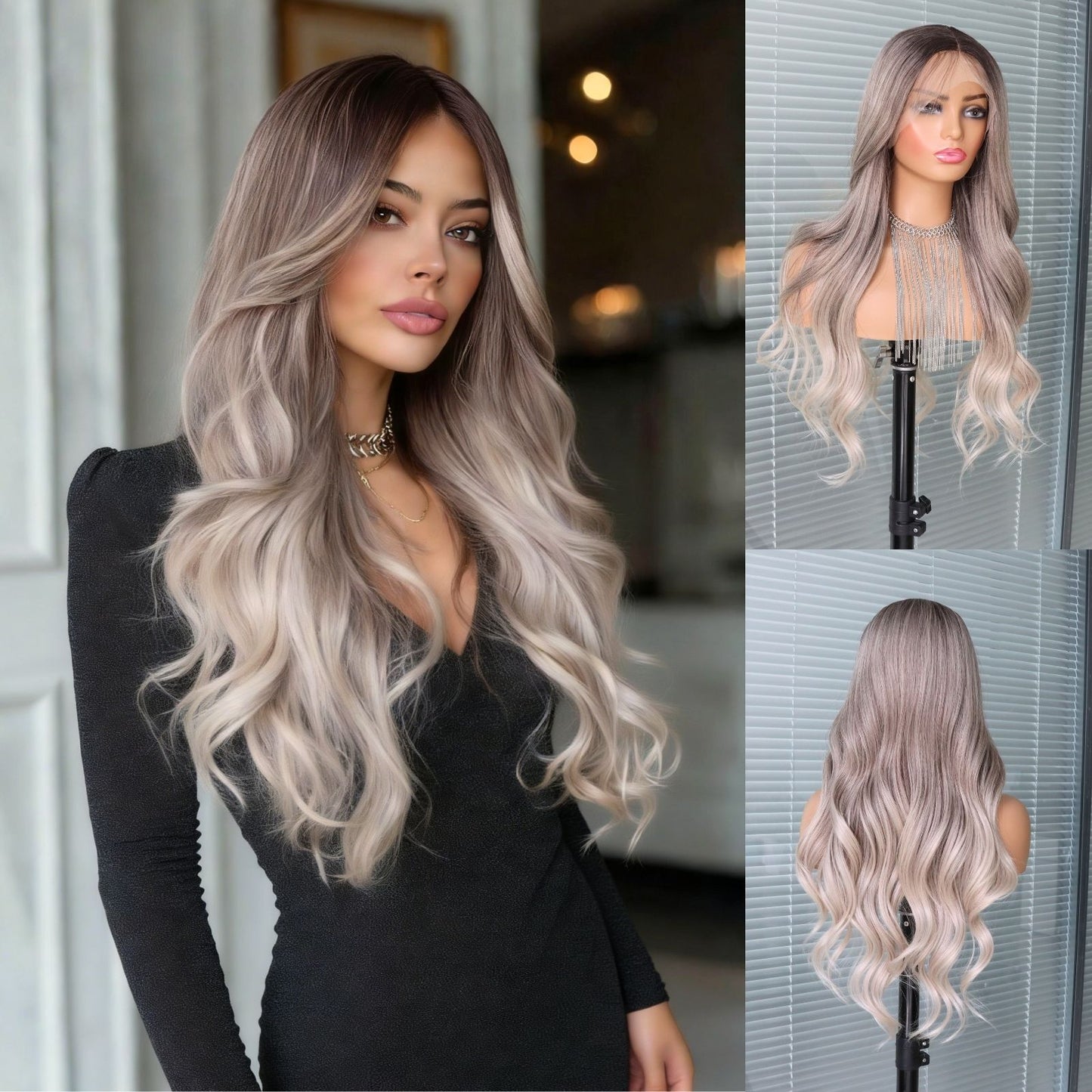 Silver Light Grey Ombre Lace Front Synthetic Wig with Dark Ash Brown Roots 24 Inch 13x4 Long Loose Wave Heat-Resistant HD Lace Free Part for Daily & Party Wear